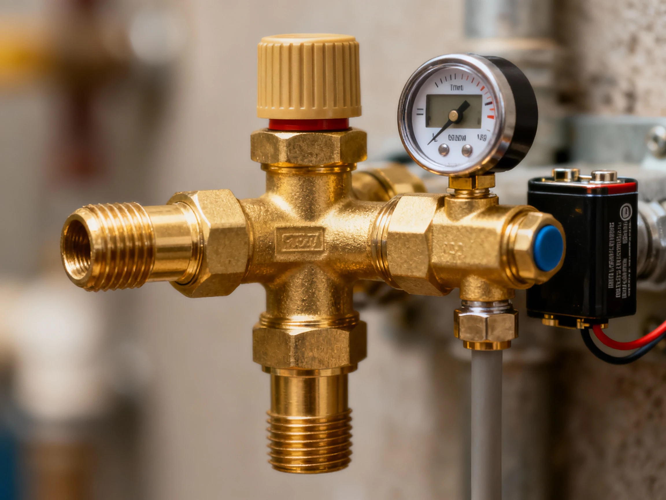 closeup of brass faucet splitter, pressure reducer, battery timer