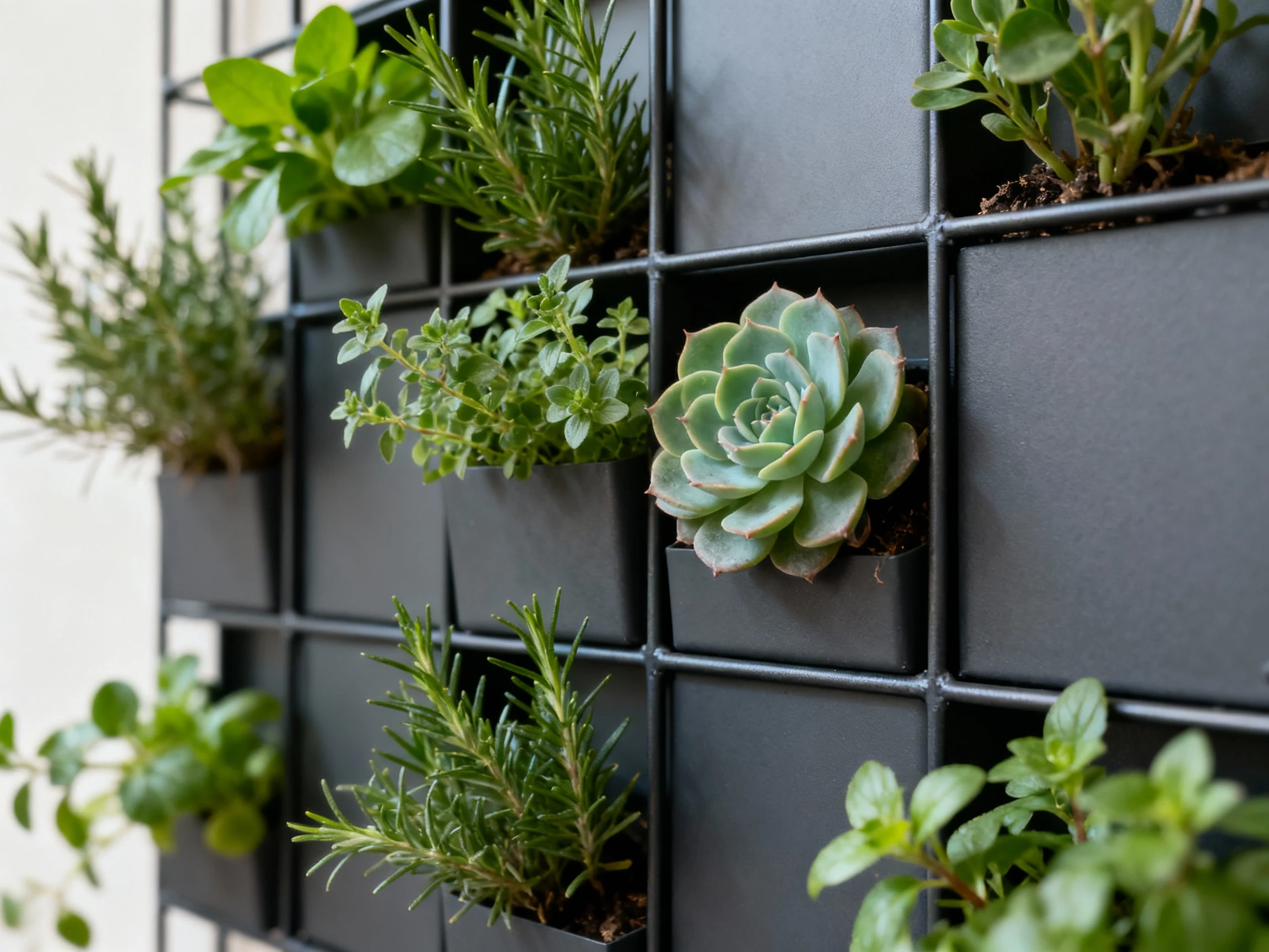 closeup herbs and succulents in modular wall planters, matte charcoal fence
