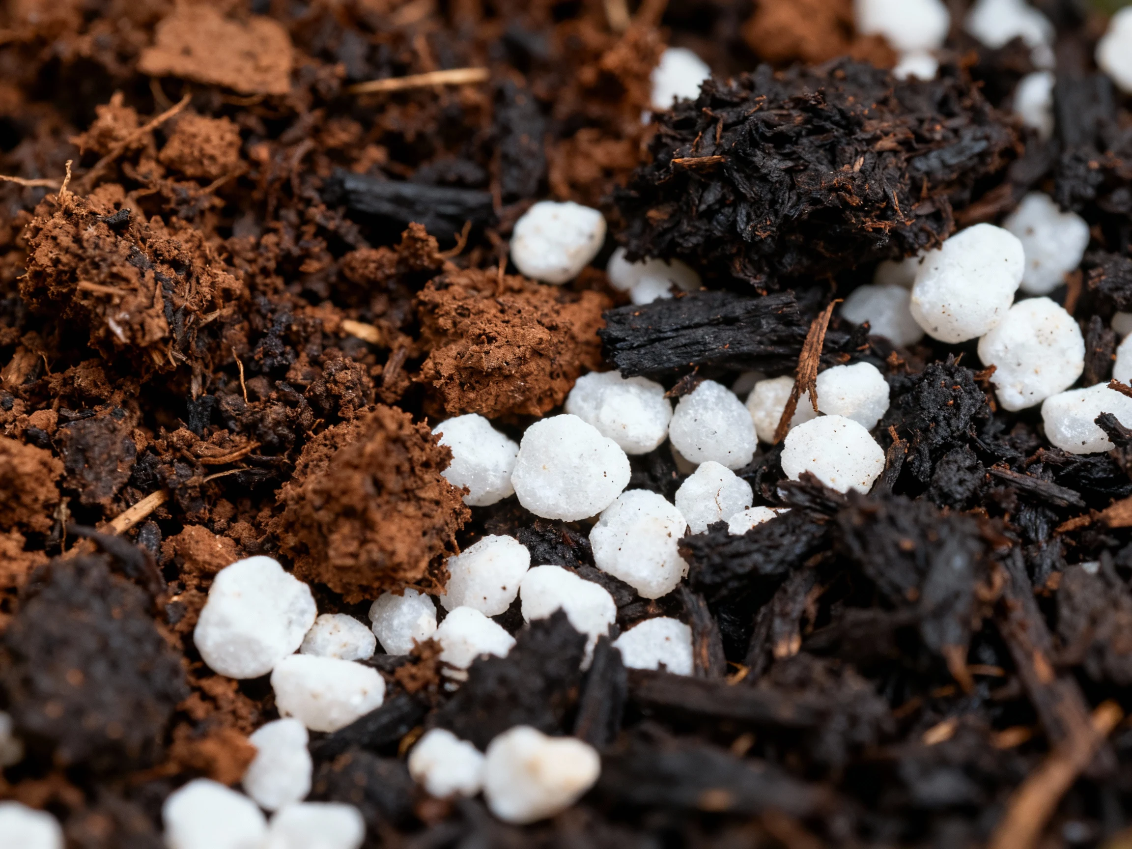 closeup of dark compost, brown topsoil, white perlite granules