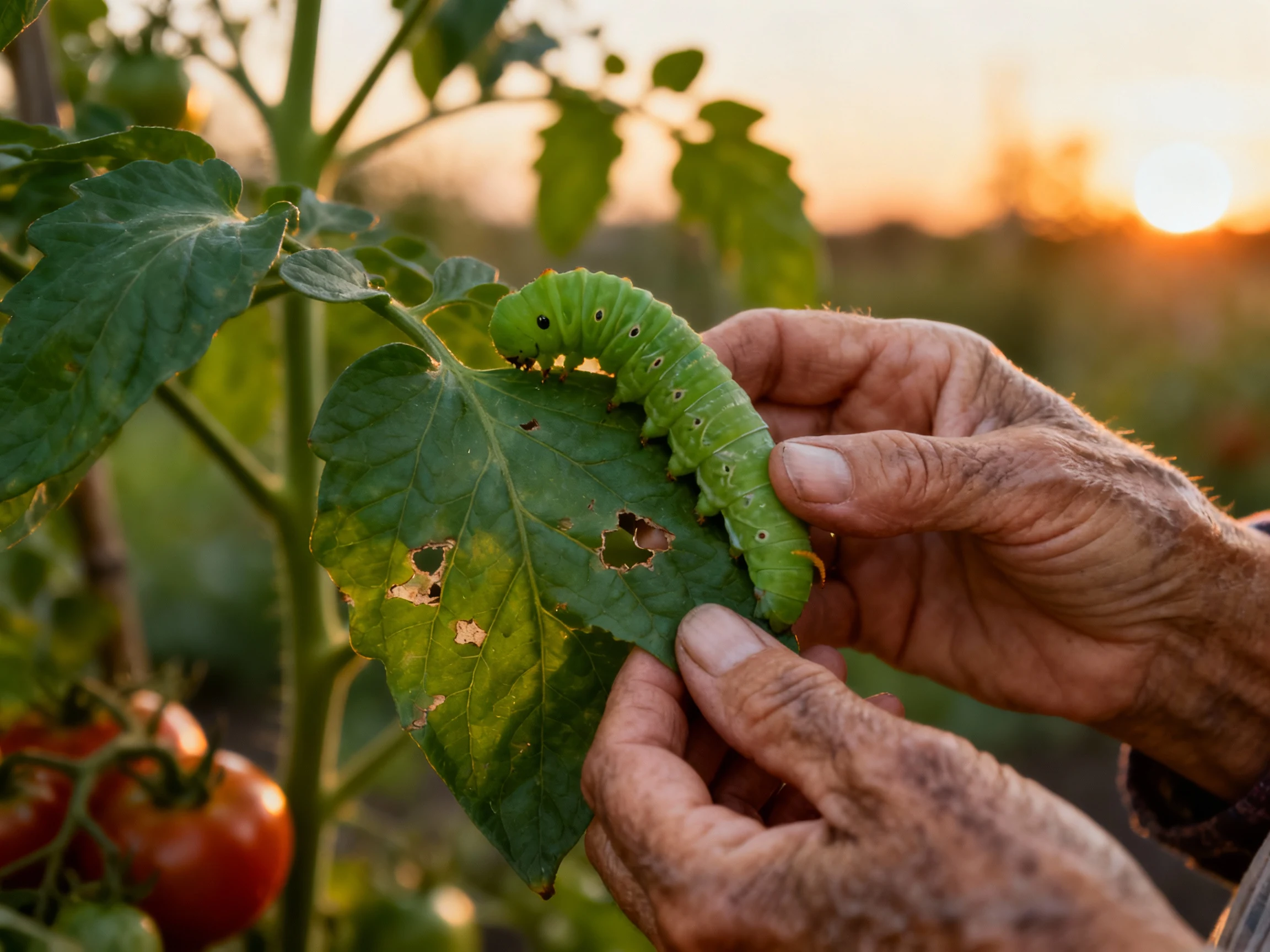 female gardener hand-picking green hornworm from tomato leaf at dusk