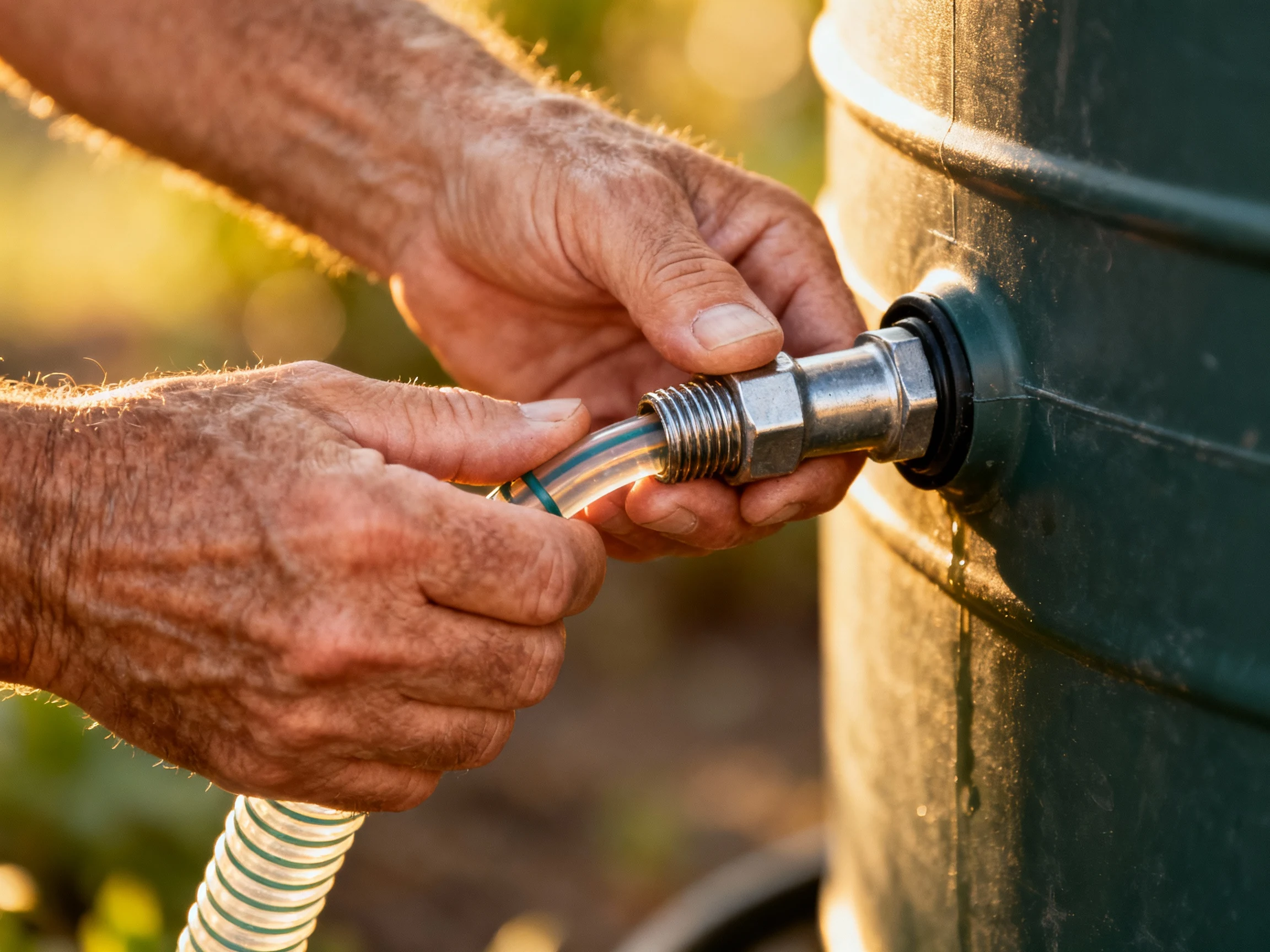 closeup male hands connecting drip line to rain barrel spigot