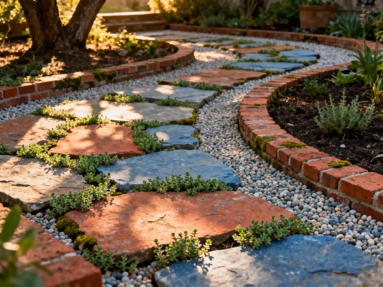 Rustic Garden Patio Paving Ideas with Flagstone, Brick and Gravel