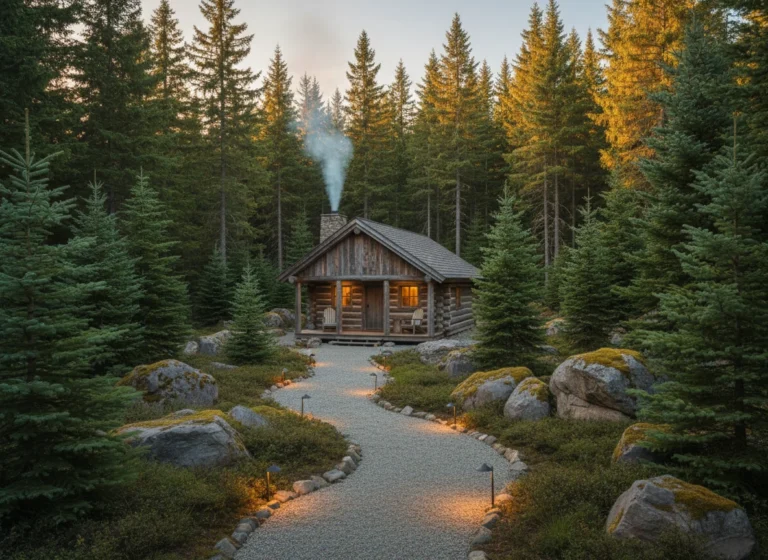 Rustic Cabin Landscaping Ideas with Evergreens, Boulders, and Gravel Paths