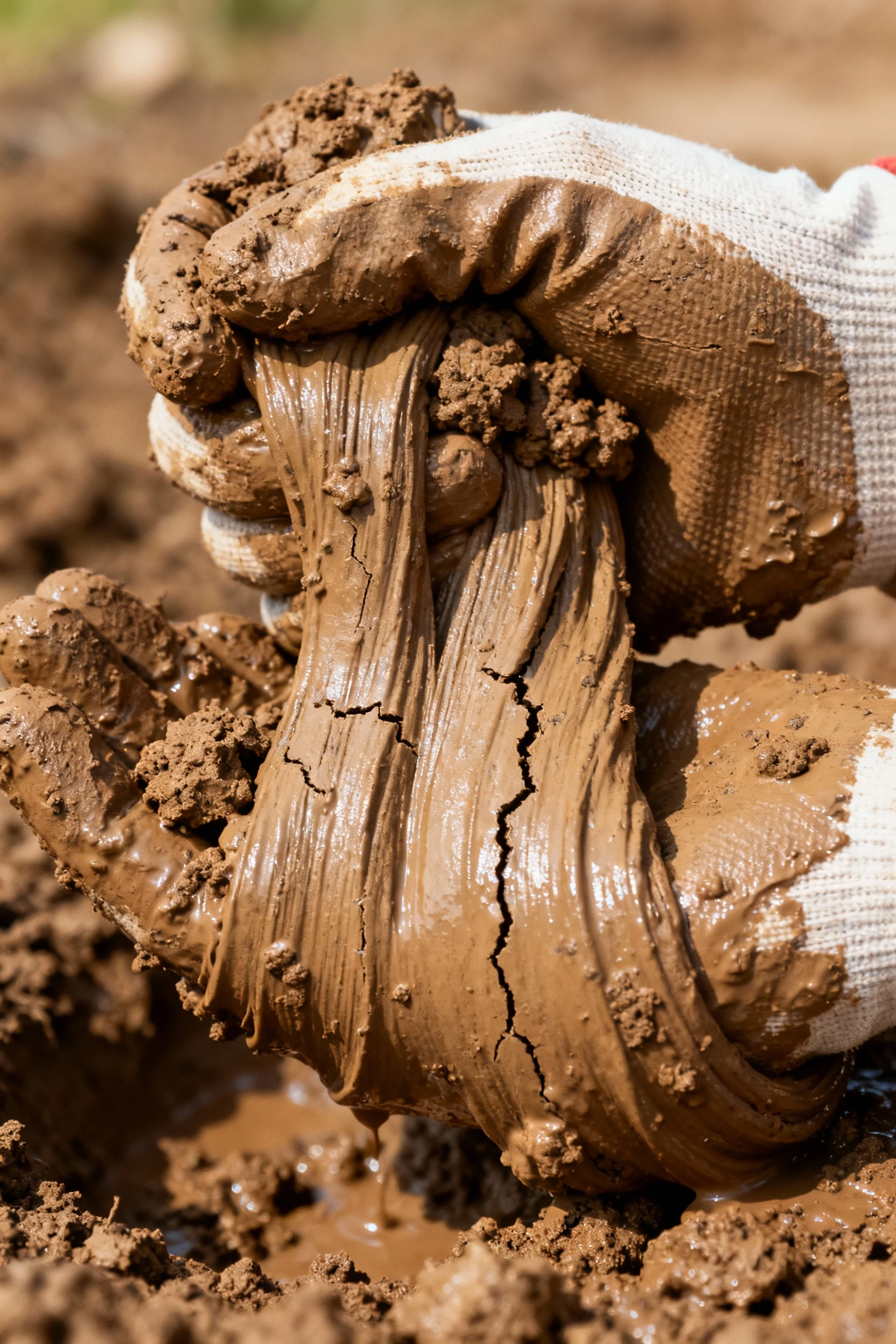 closeup of gloved hands squeezing soil, sticky clay ribbon