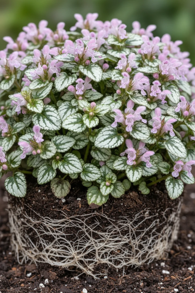 closeup silver-variegated lamium leaves with pink blooms, roots