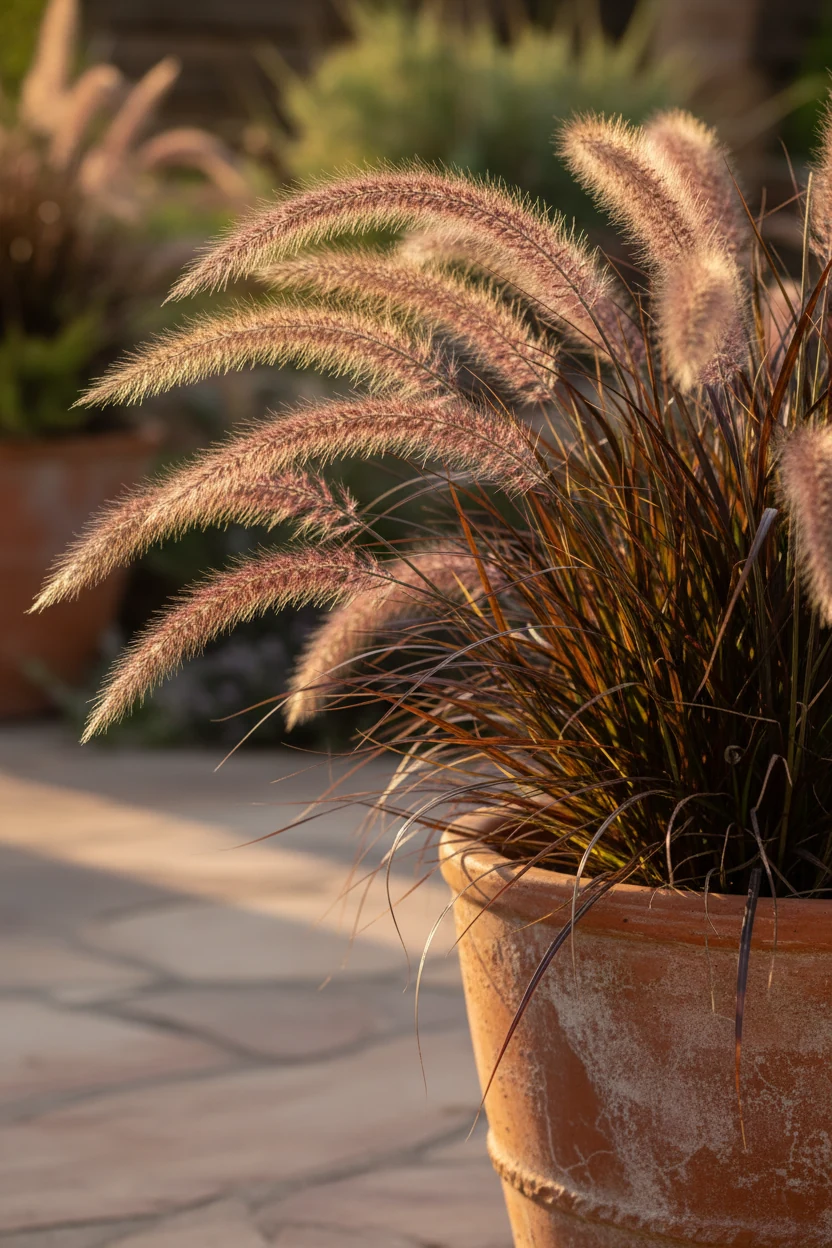 closeup purple fountain grass plumes, burgundy foliage, terracotta container