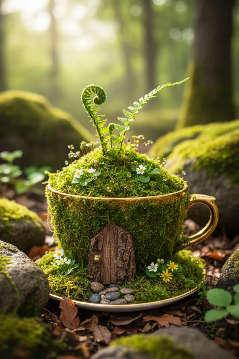 closeup mossy gold-rimmed teacup garden, mini fern, bark door