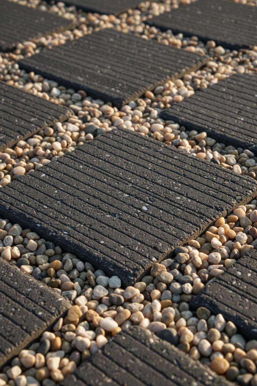 closeup charcoal concrete paver, broom finish, pea gravel joints