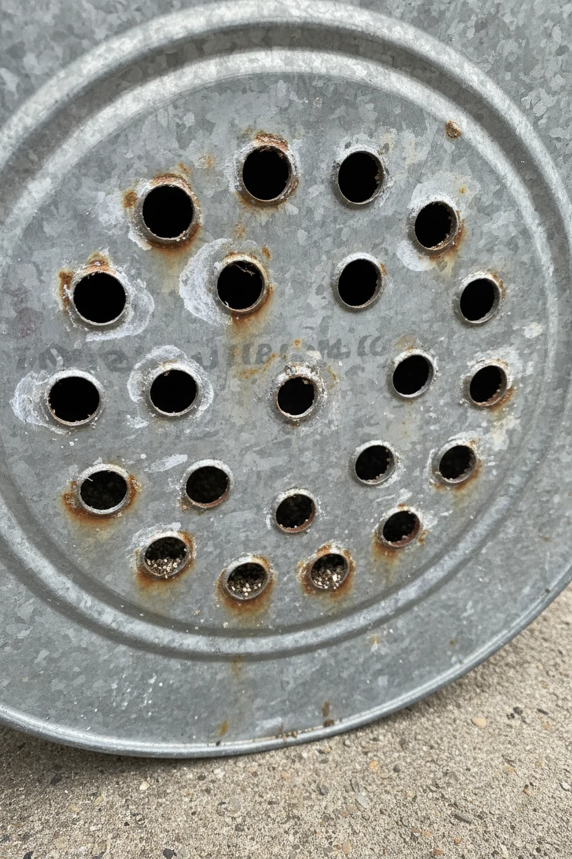 closeup galvanized wash tub bottom with drilled drainage holes