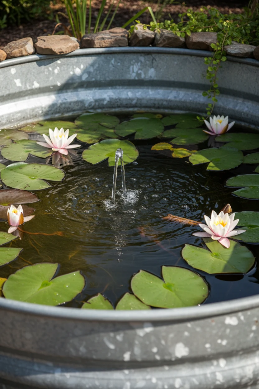 closeup galvanized stock tank pond, small fountain burbling, lilies