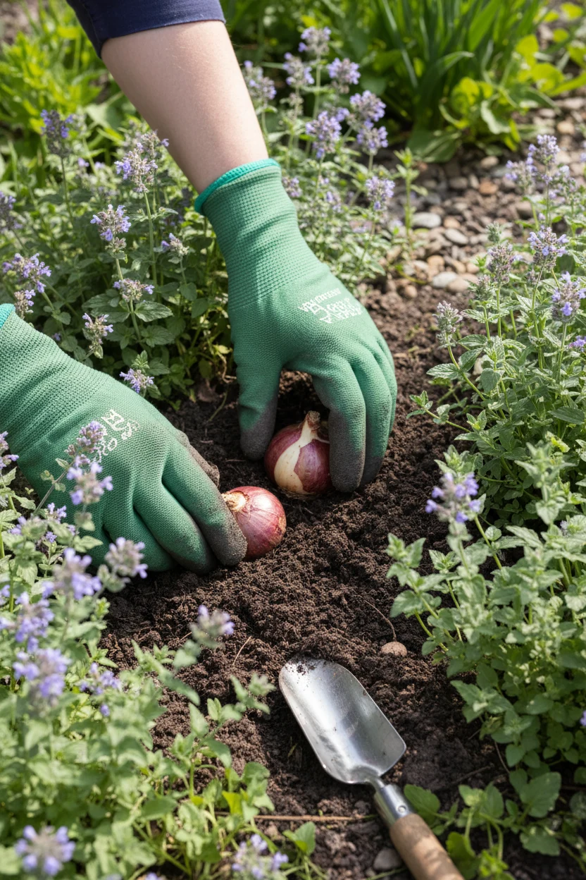closeup hands planting purple allium bulbs between nepeta