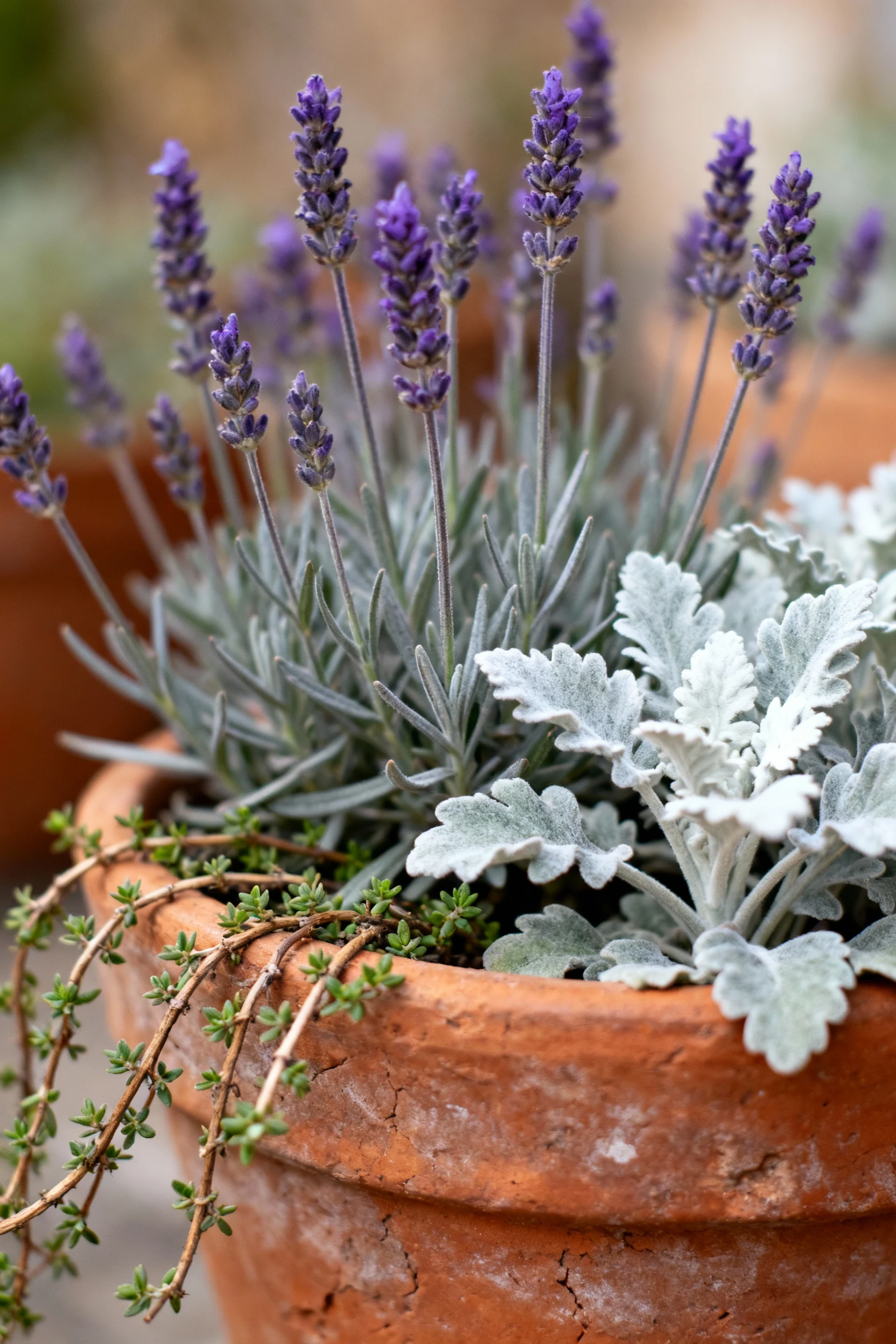 closeup terracotta pot with lavender, dusty miller, trailing thyme