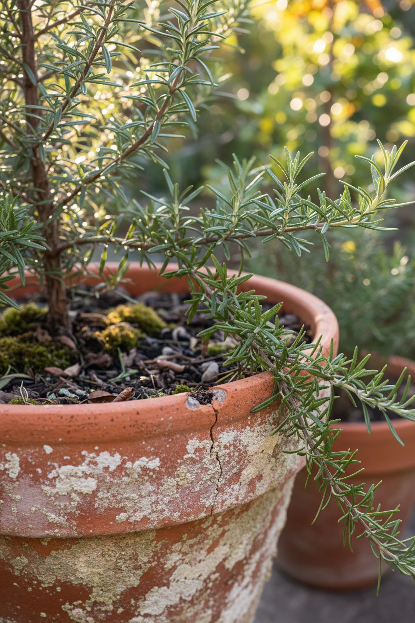 closeup of weathered terracotta pot with rosemary