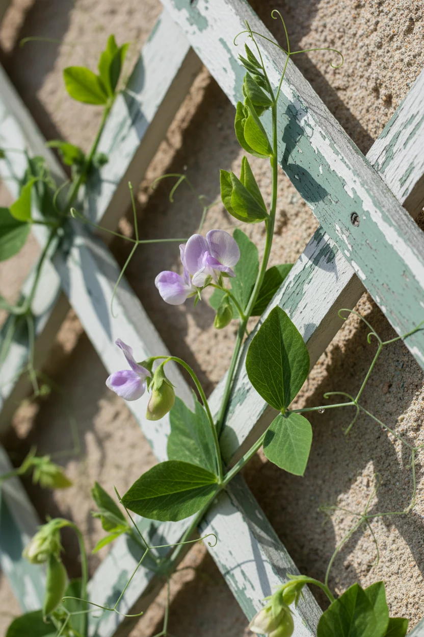 closeup of green sweet pea vines climbing painted wall trellis