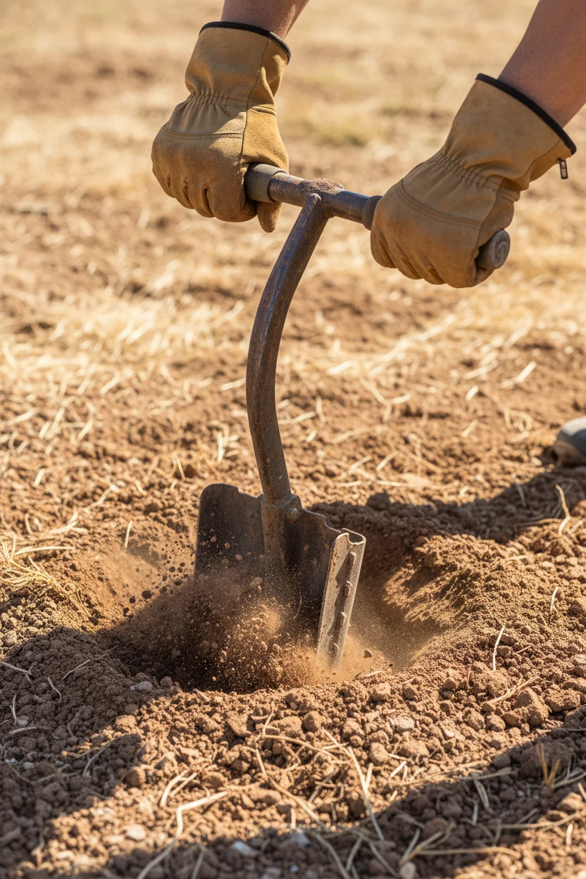 closeup of gloved hands using post-hole digger in dry soil