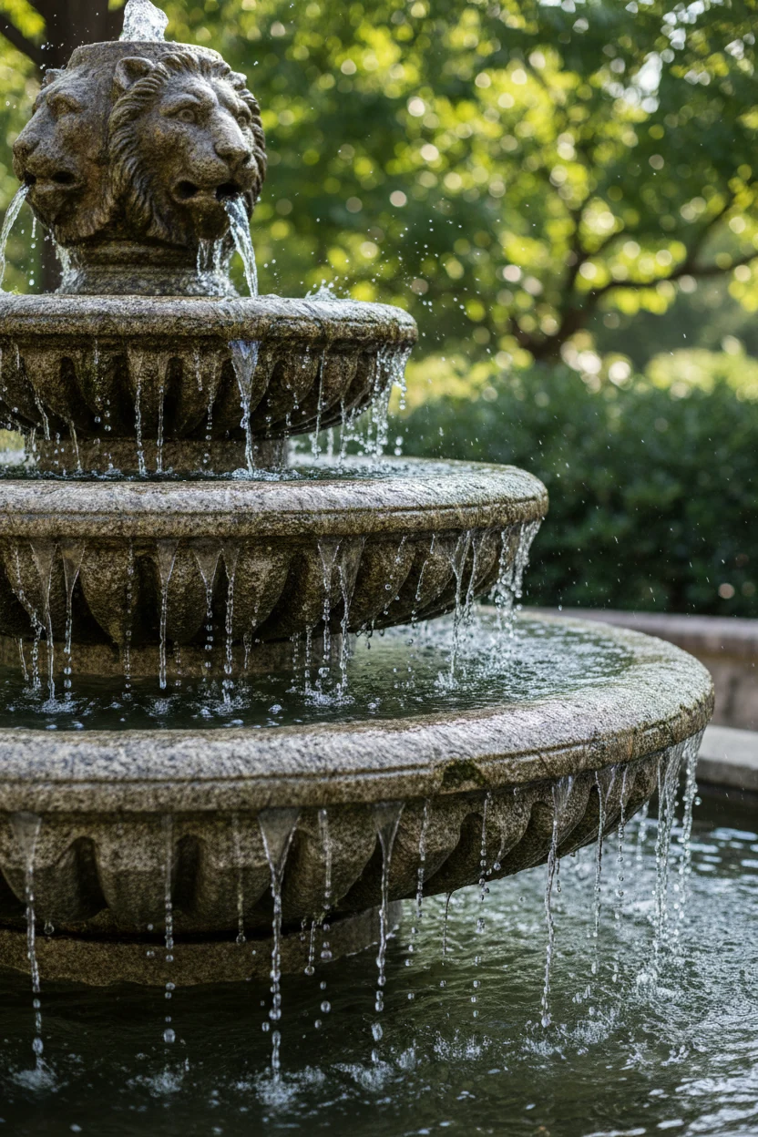 closeup of stone tiered fountain with water cascading over textured concrete