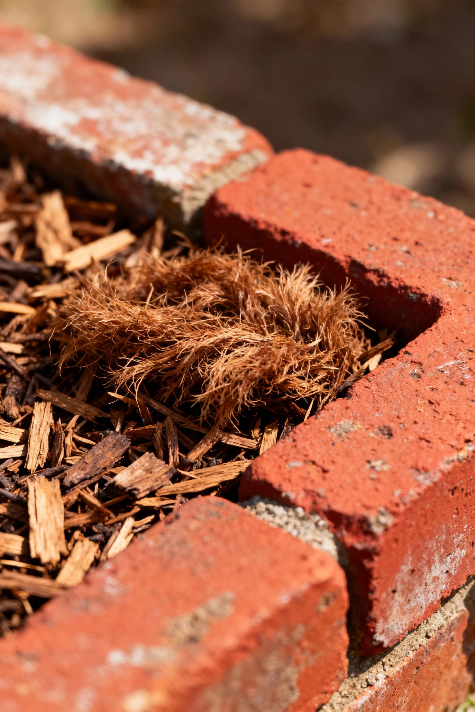 1. closeup reclaimed red brick edging holding brown shredded mulch