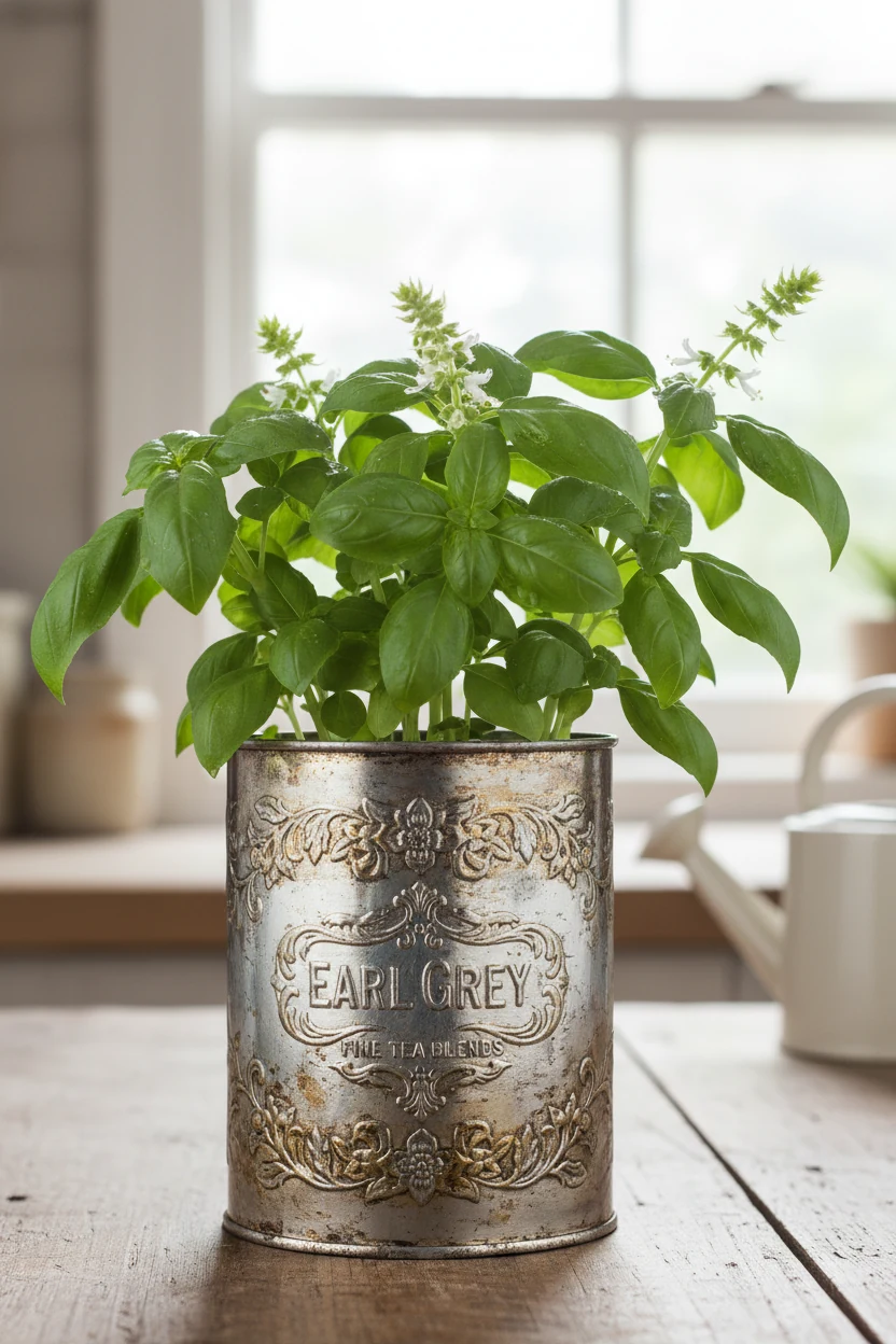 closeup of fresh basil in vintage metal tea tin