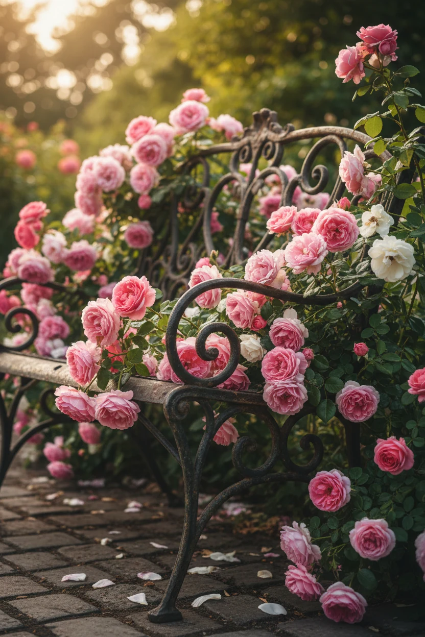 closeup of vintage wrought iron bench surrounded by blooming pink roses