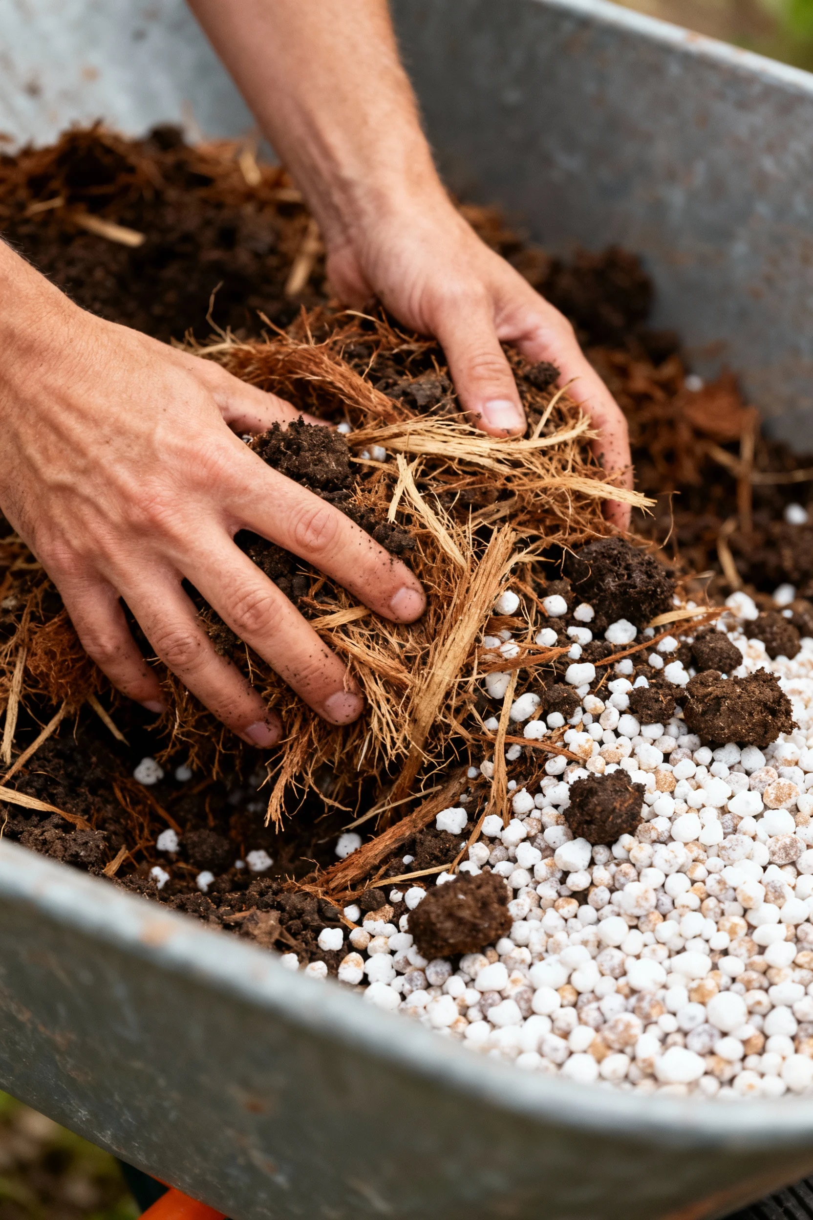 closeup hands mixing compost, coconut coir, perlite in wheelbarrow