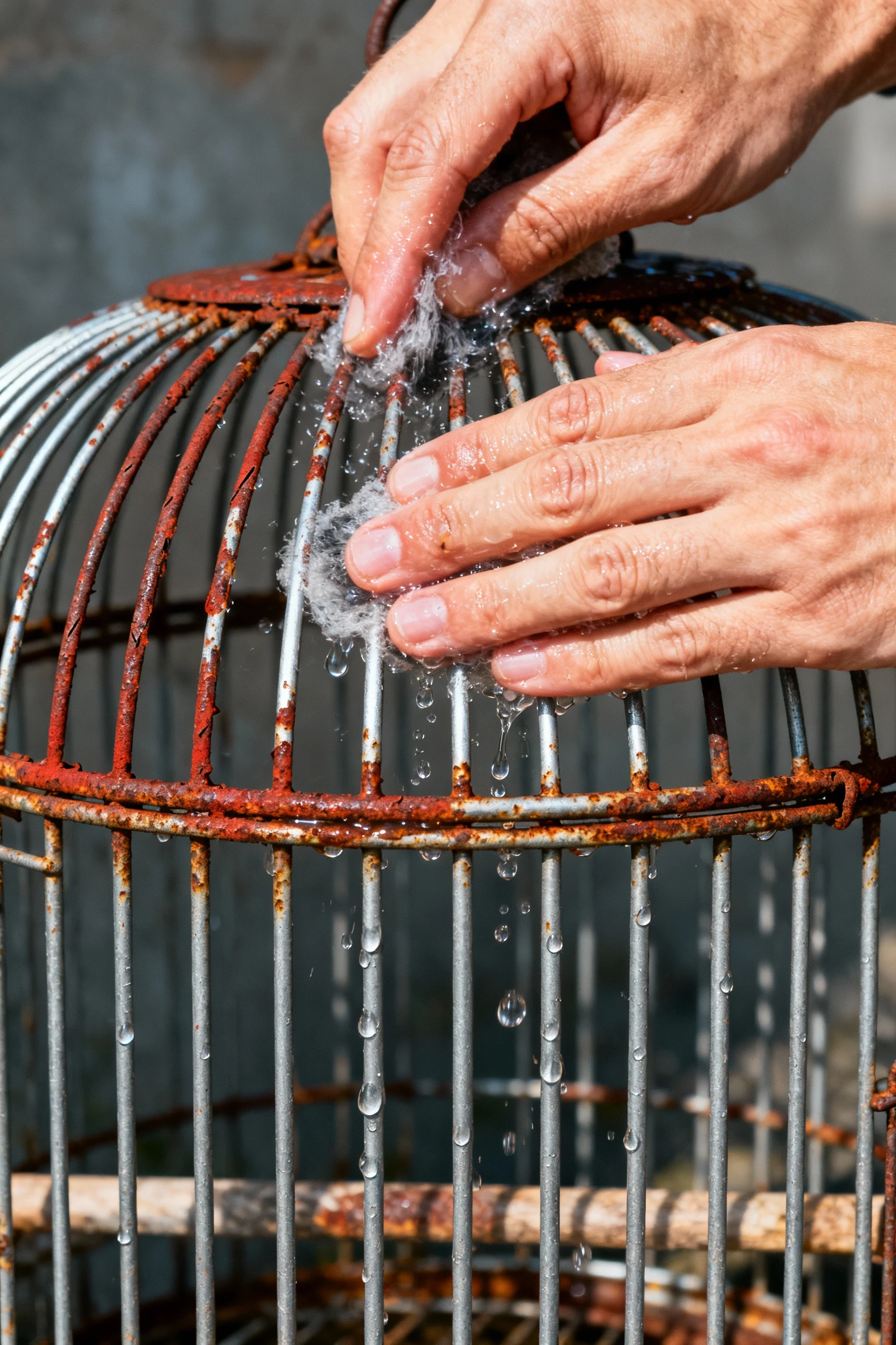 closeup of hands scrubbing rusty metal bird cage