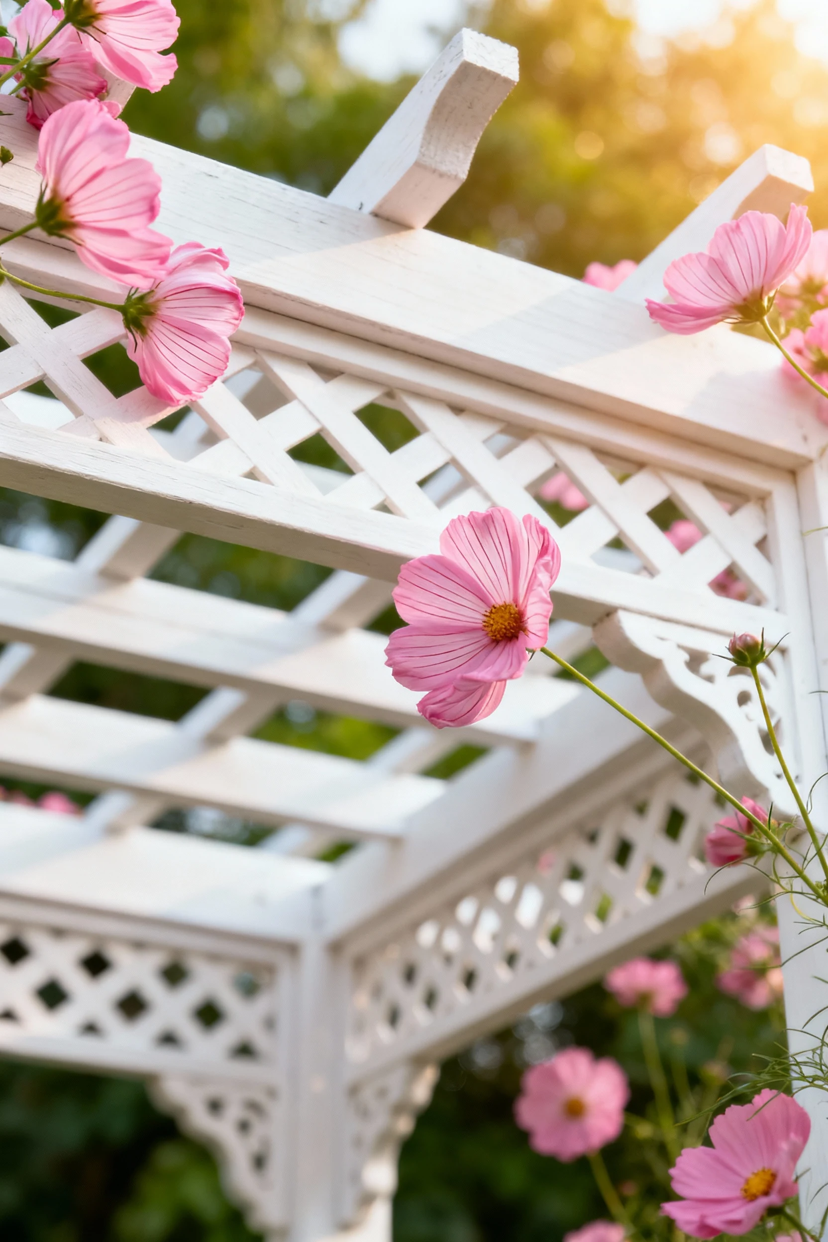 closeup of white pergola with pink cosmos blooming