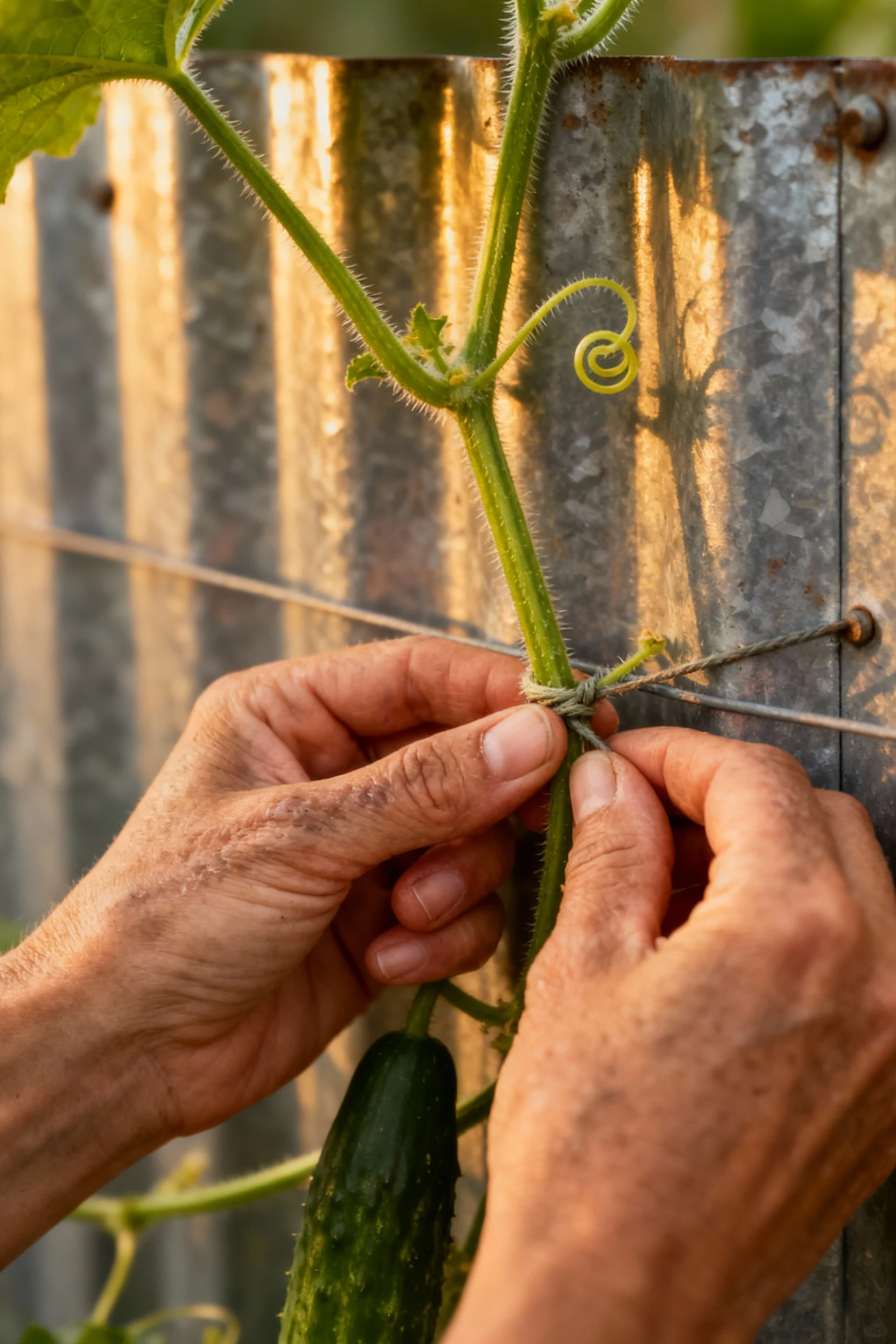 Closeup female hands tying cucumber vine to galvanized cattle panel