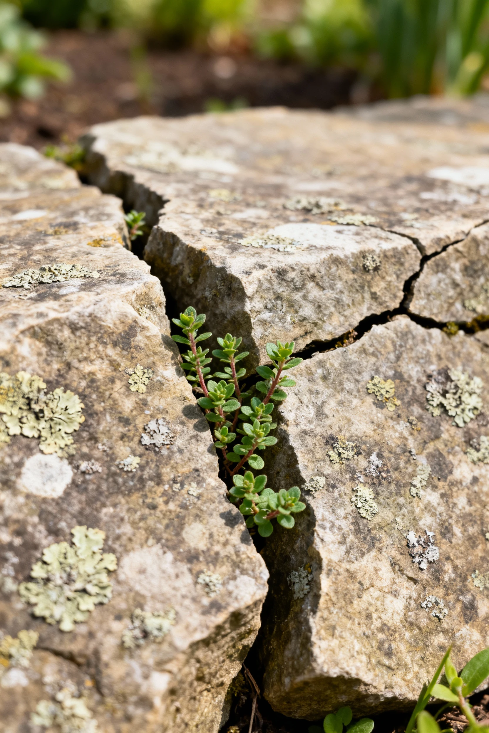 closeup of large flagstone with creeping thyme between cracks