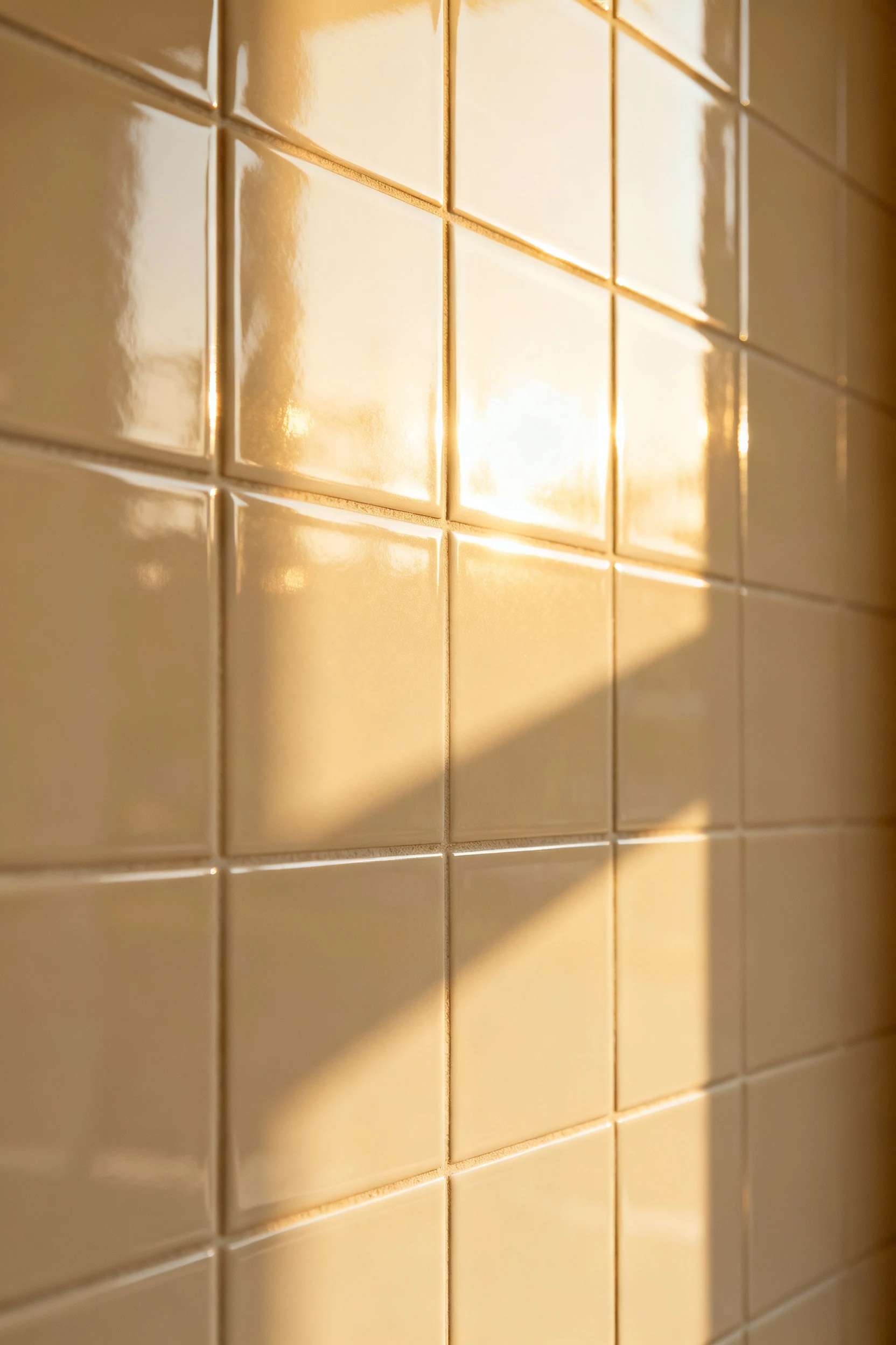 closeup of glossy light neutral tiles reflecting sunlight