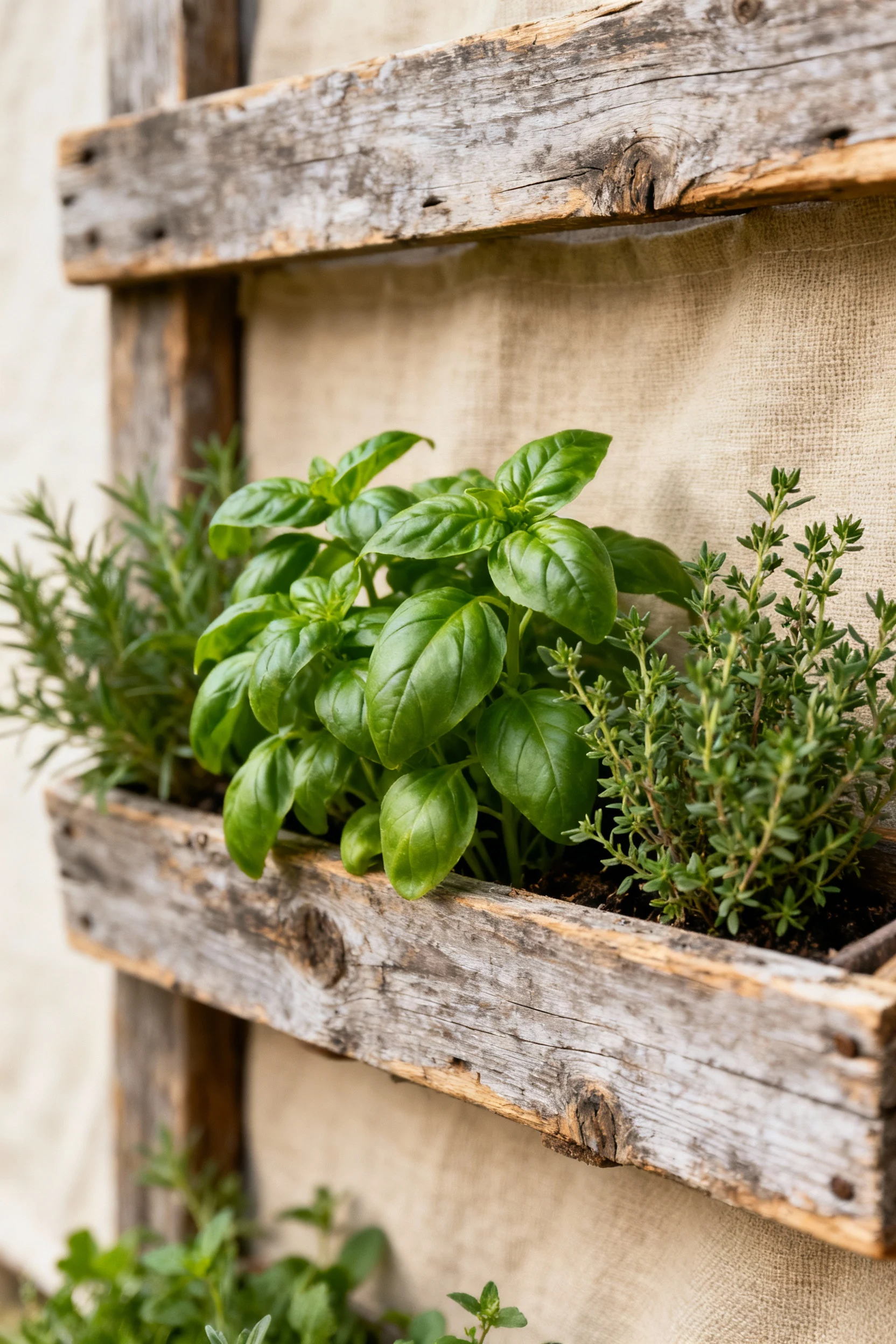 closeup weathered pallet herb wall pockets, basil, oregano, landscape fabric