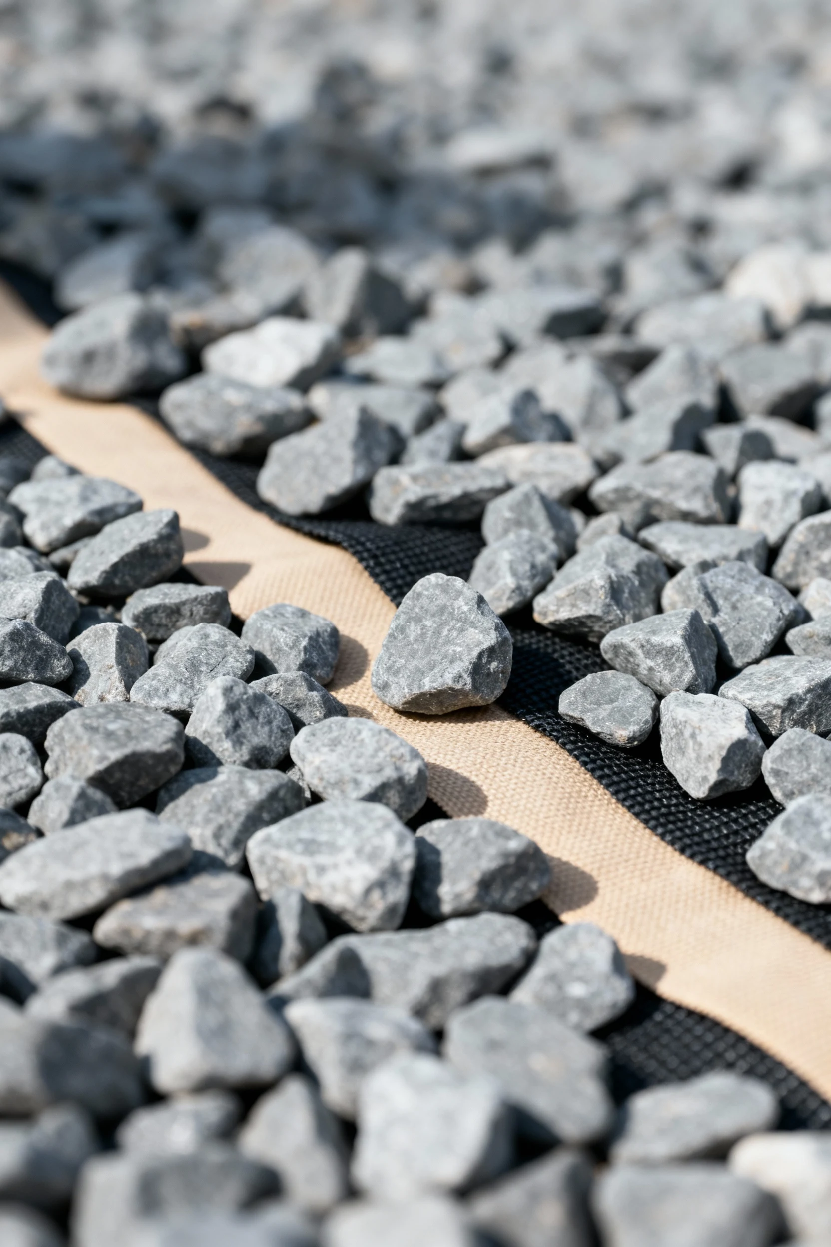 closeup of small grey gravel stones with weed barrier fabric underneath