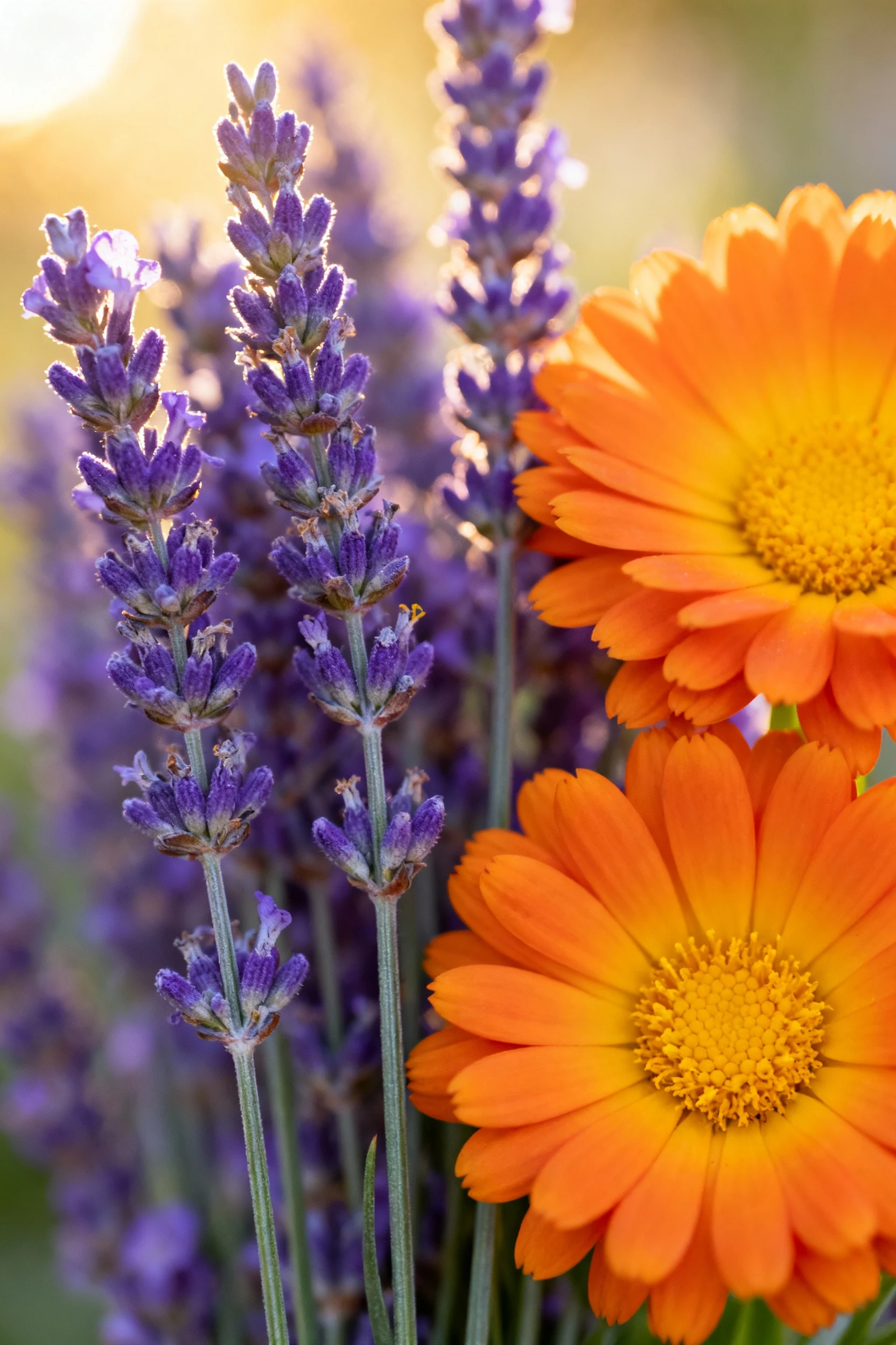 closeup of lavender stalks beside marigold blooms
