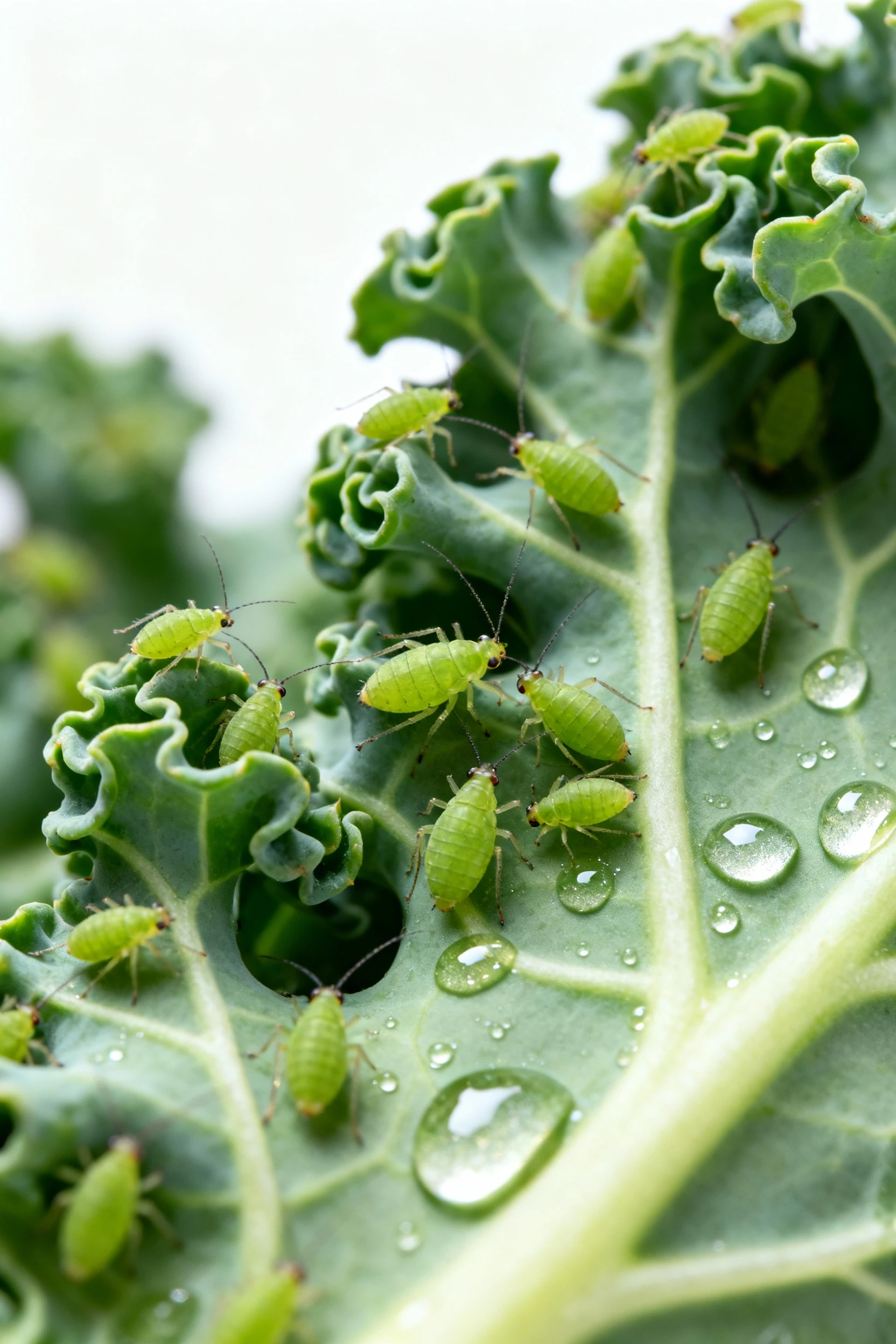 closeup green aphids on curled kale leaf undersides, glossy honeydew