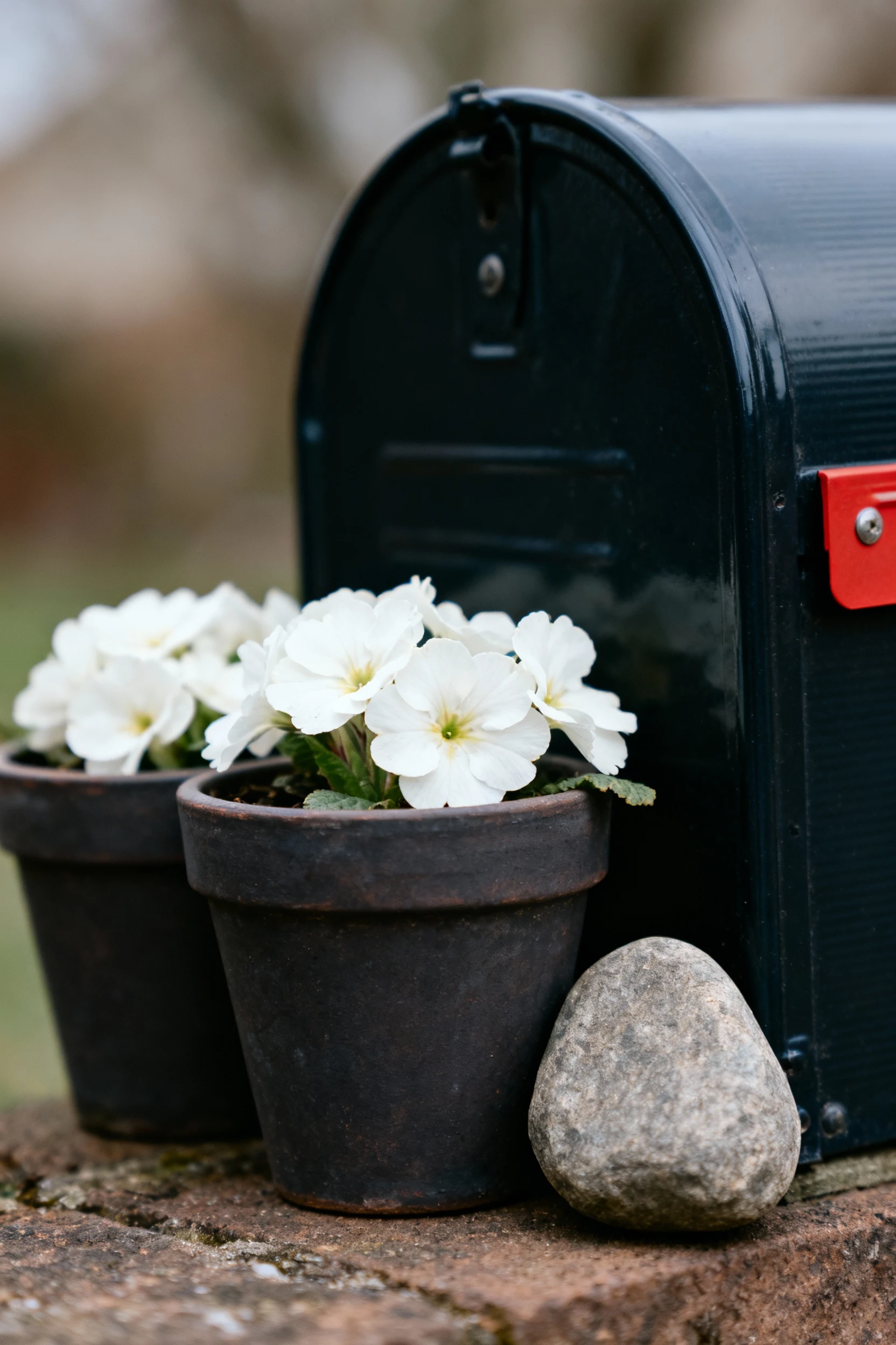 closeup two dark planters by mailbox, white flowers, rock