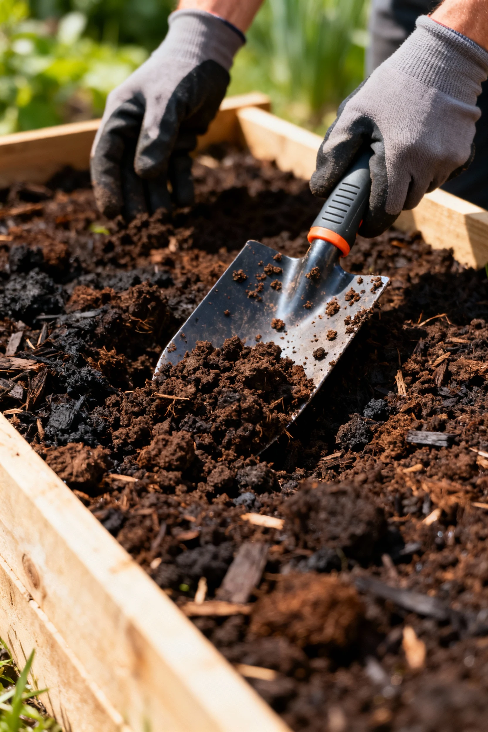 closeup gloved hands troweling dark compost in raised bed
