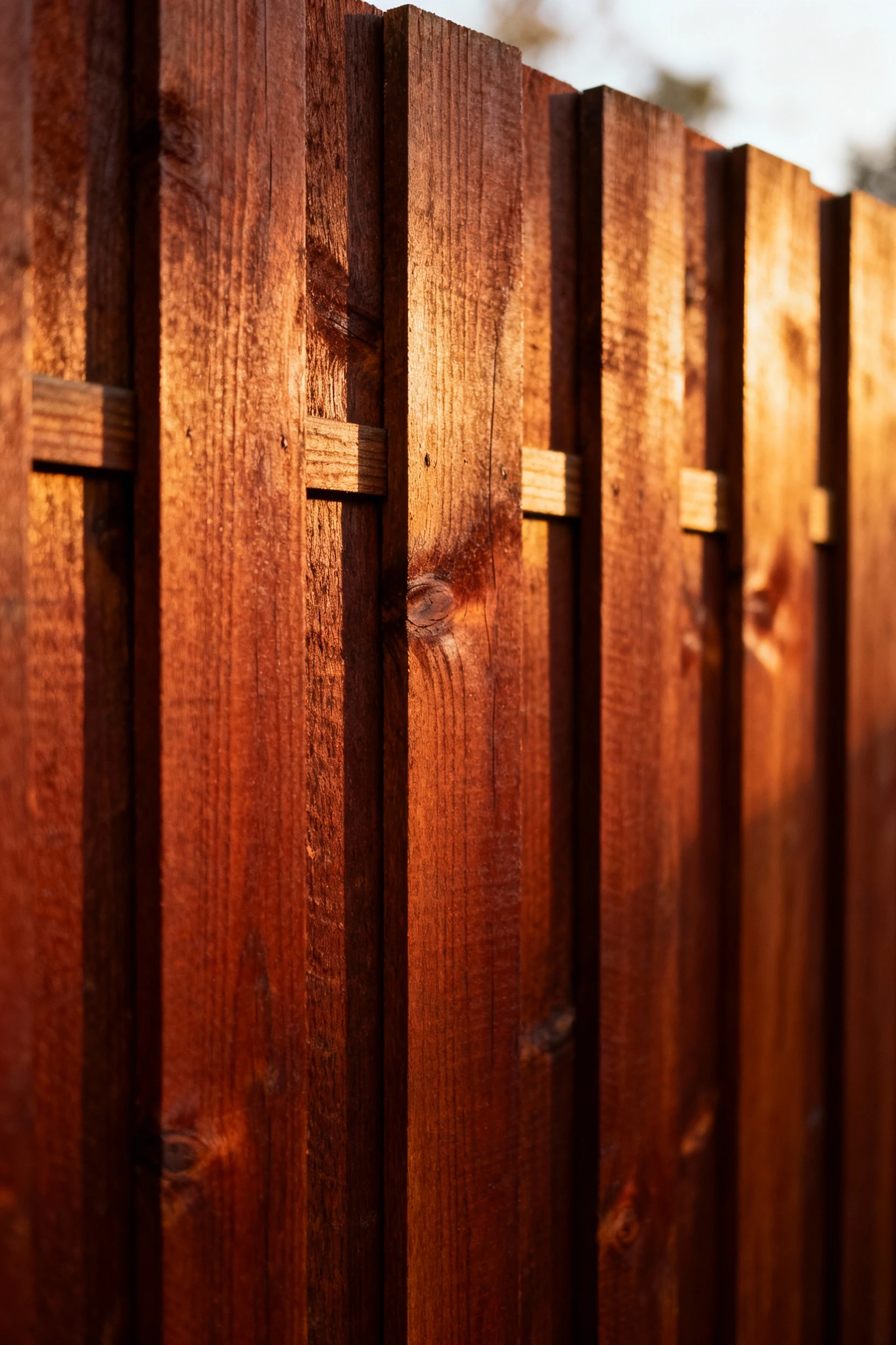 closeup of cedar board-on-board fence with rich brown stain