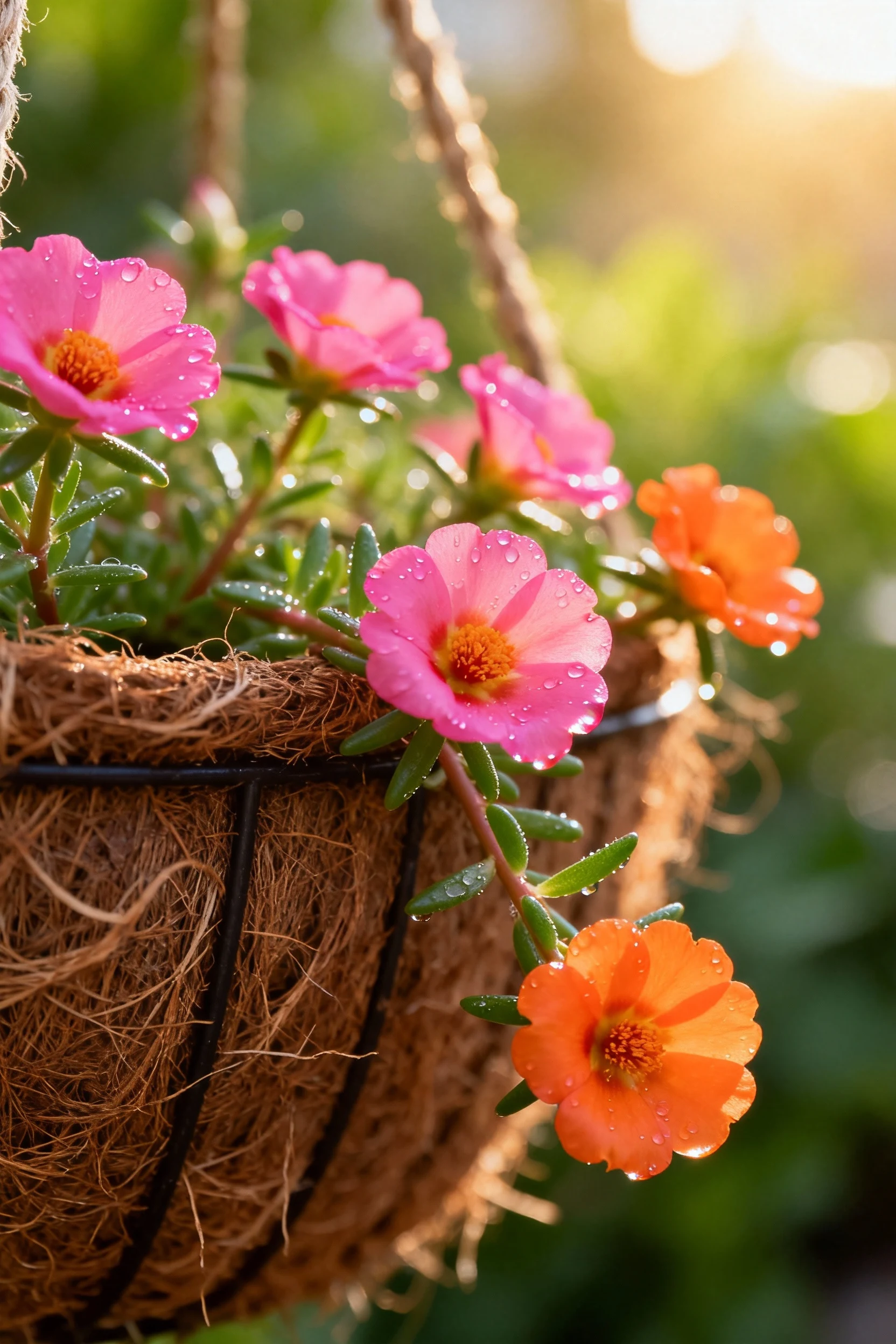 closeup of bright pink and orange portulaca blooms trailing over coco liner basket