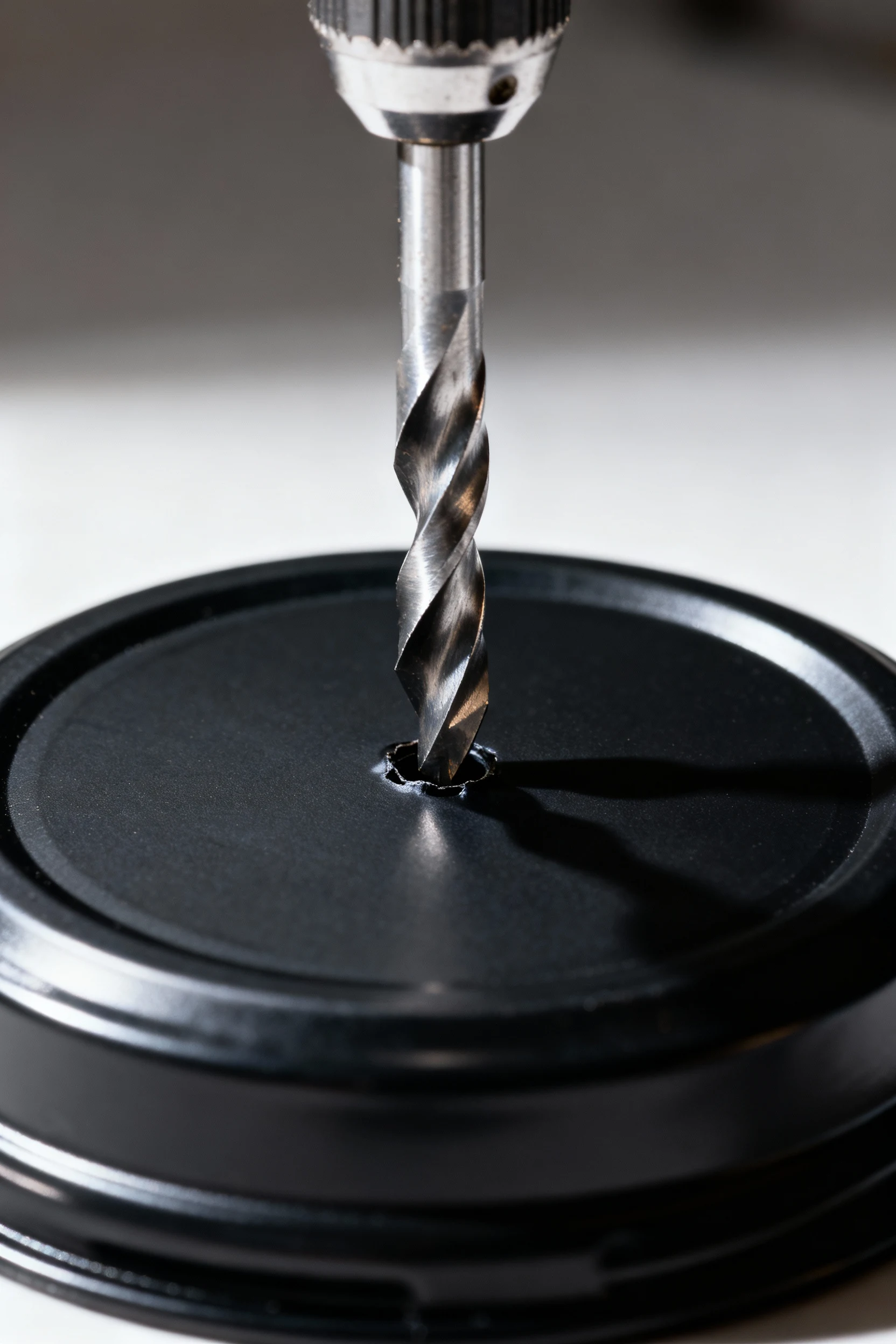 closeup silver drill bit punching holes in black plastic lid