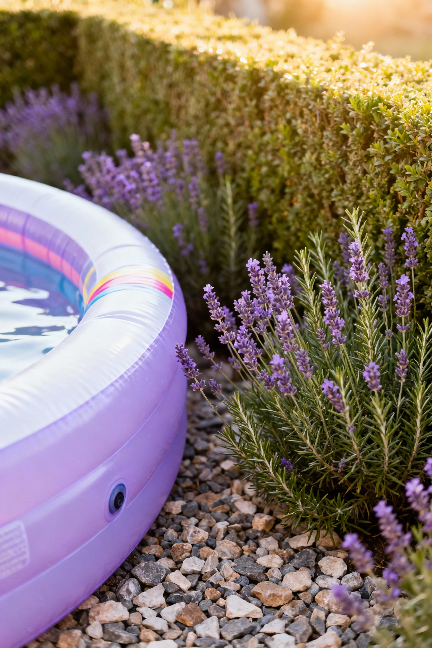closeup lavender rosemary hedges by inflatable hot tub on gravel