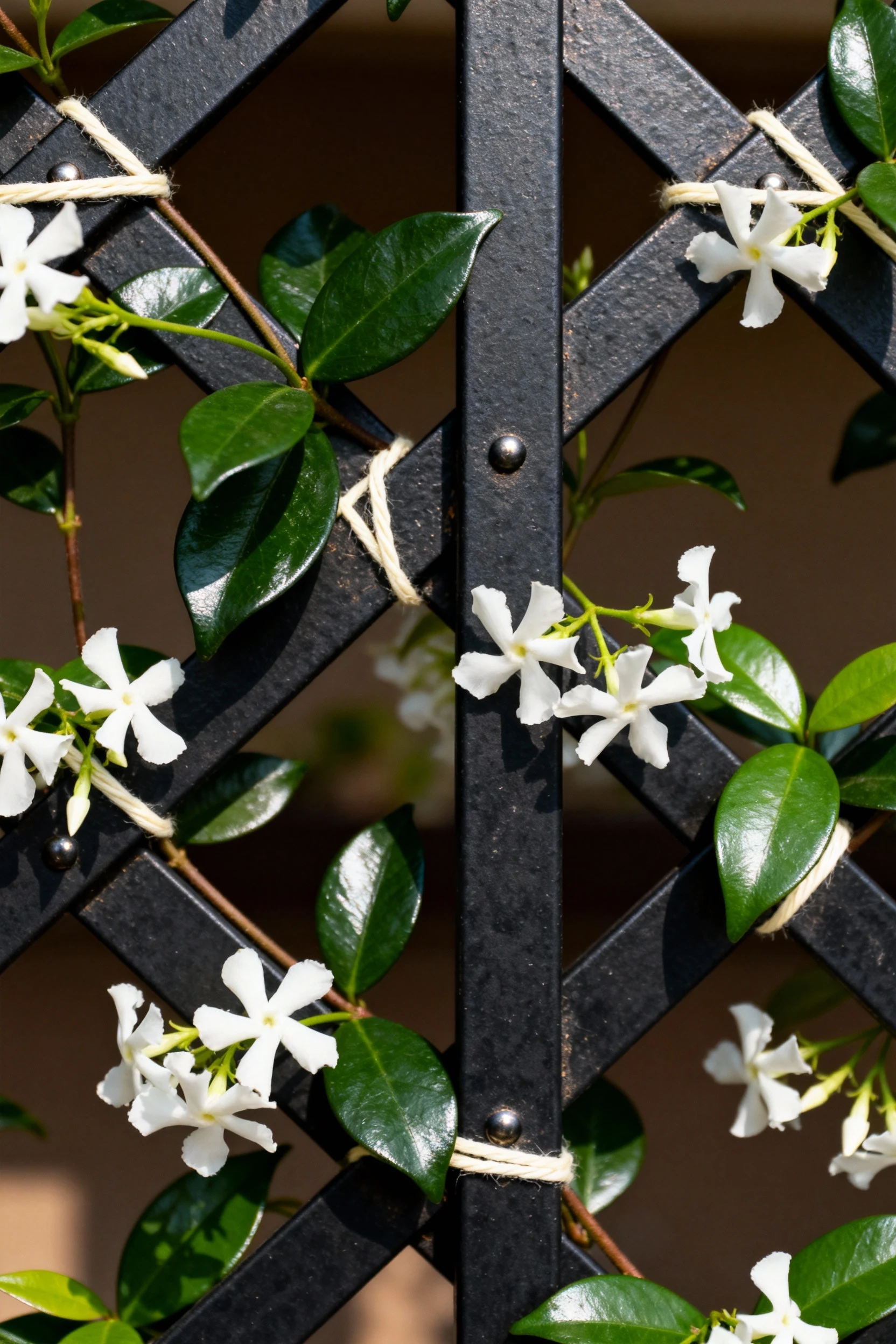 closeup matte black steel trellis slats, star jasmine, soft ties