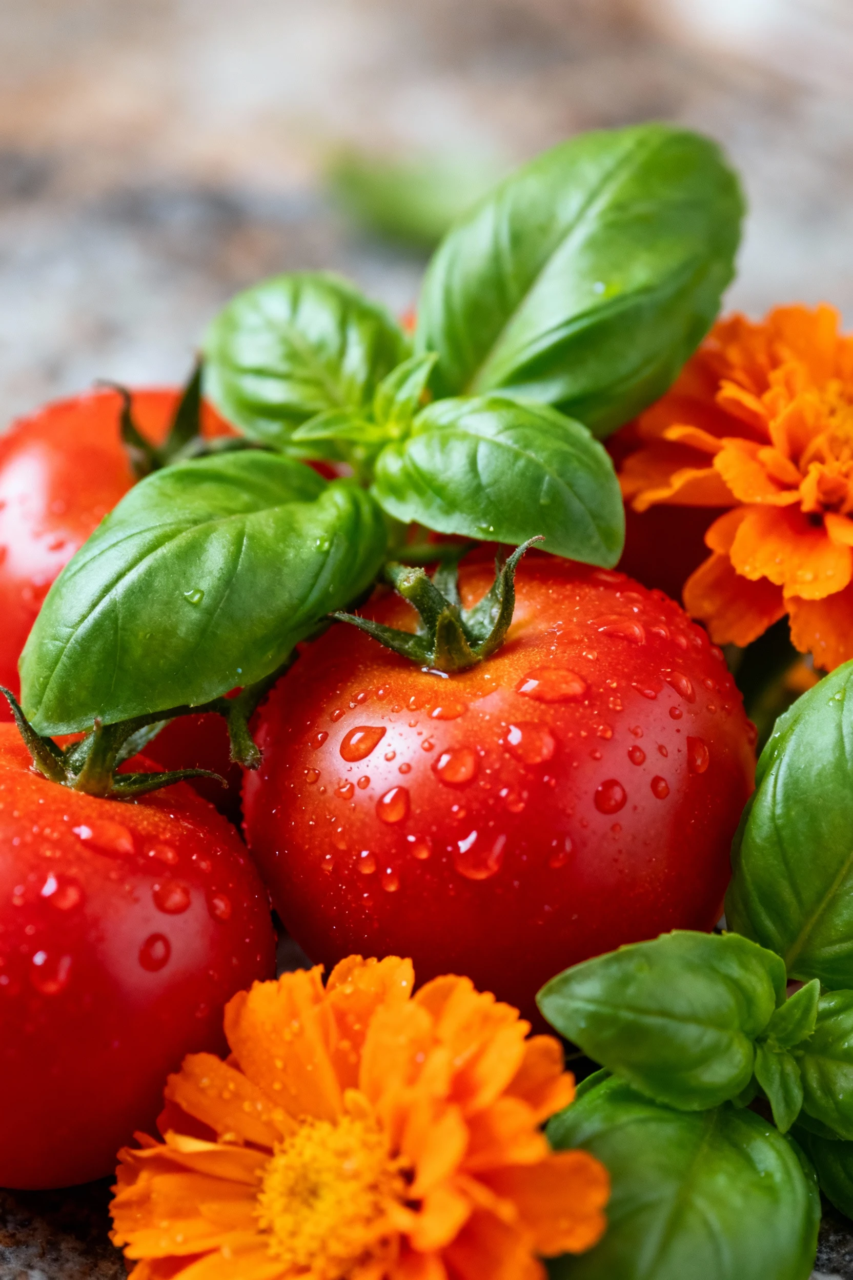 closeup dewy red tomatoes, green basil, orange marigold blooms