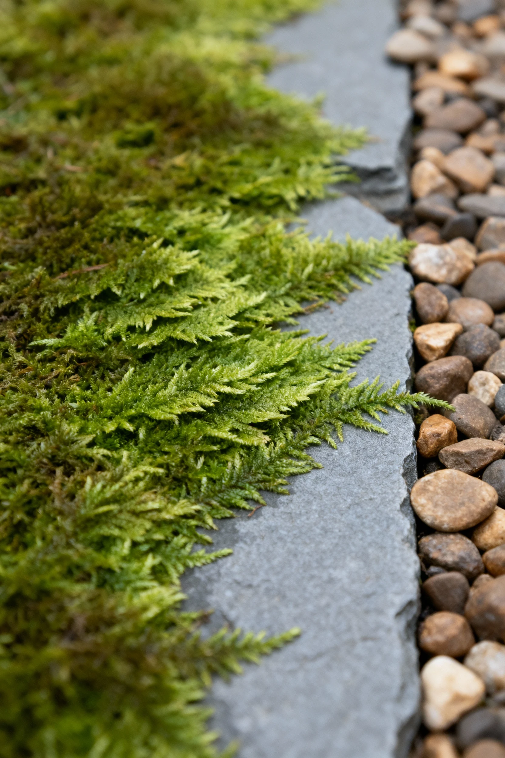 Macro of sheet moss on gray slate by pebble path