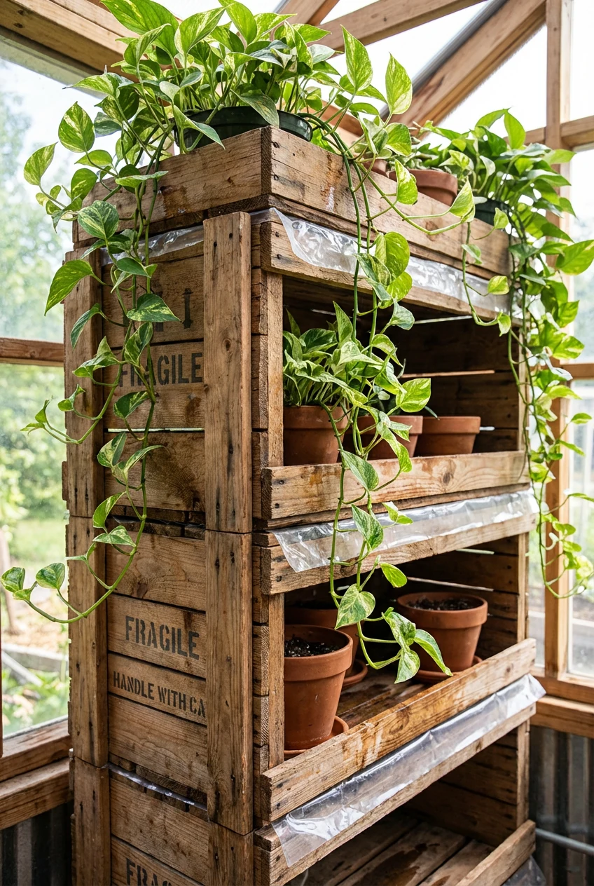 closeup sealed wooden crate rack, trailing pothos, drip liners