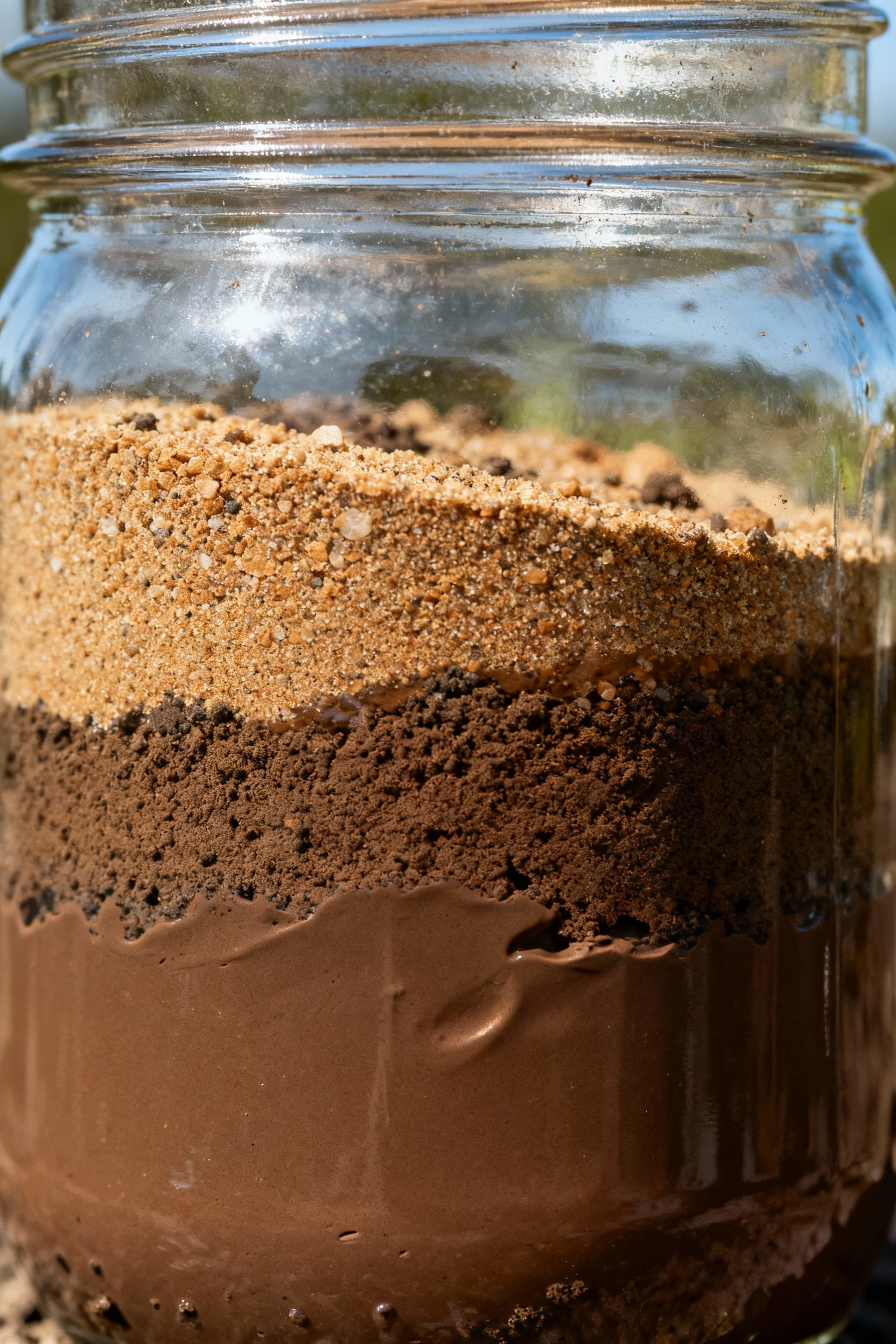 closeup clear mason jar soil test, layered sand silt clay