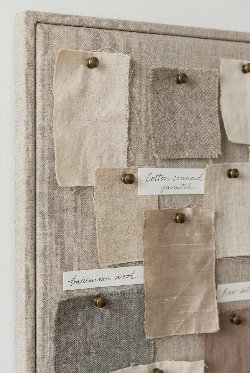 closeup linen-covered cork board, brass pins, neutral fabric swatches