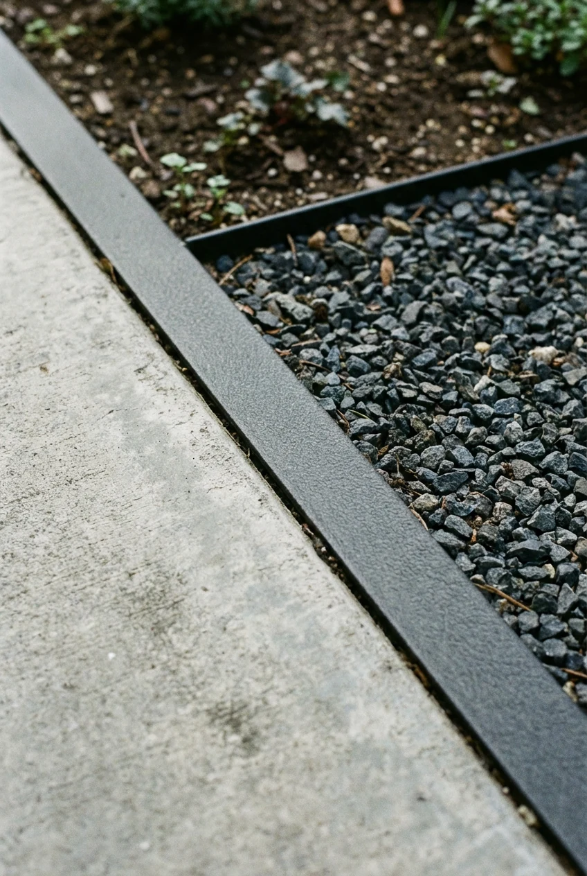 Closeup powder-coated steel edging, flush to gray concrete, charcoal gravel
