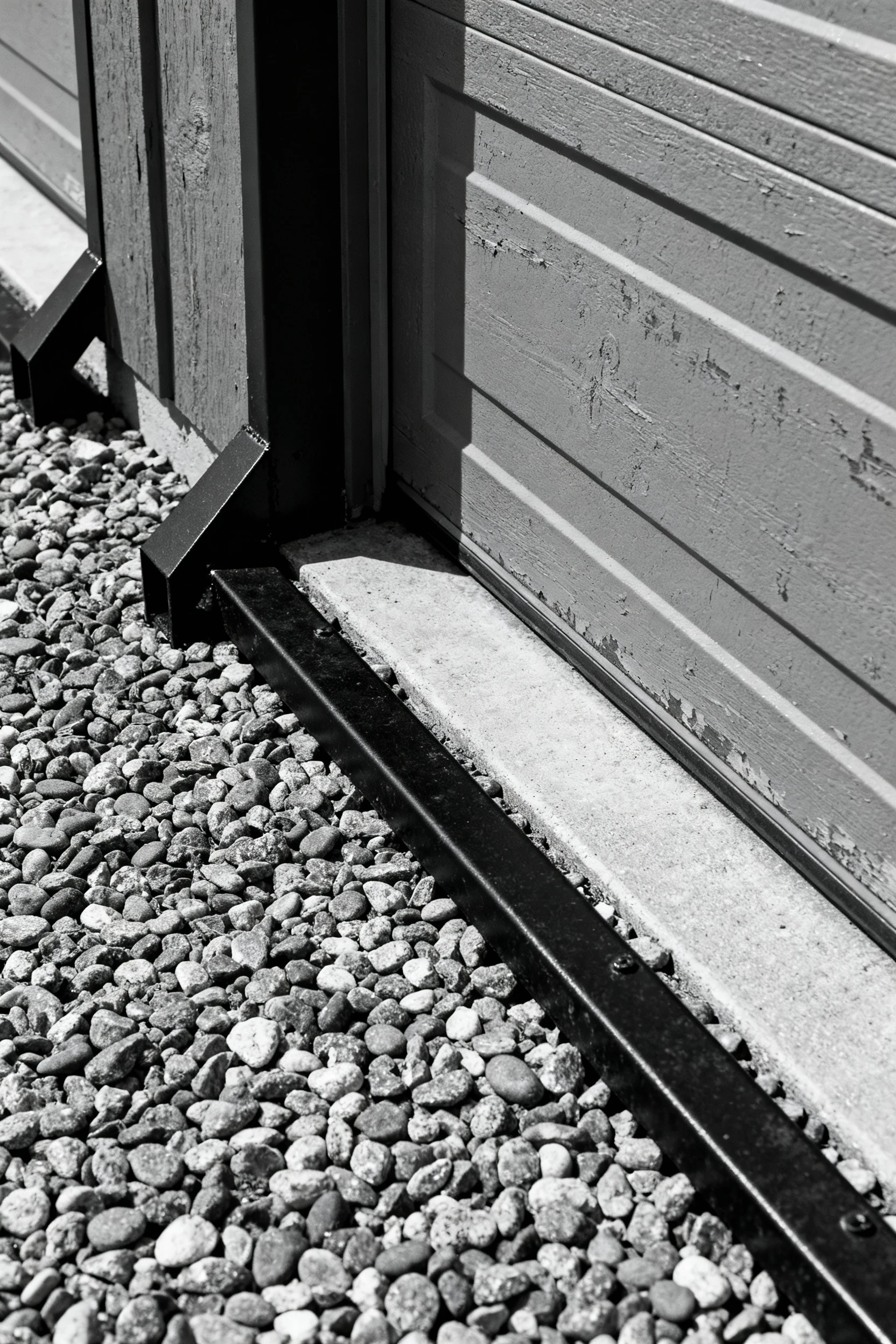closeup black metal edging, pea gravel, gray garage siding