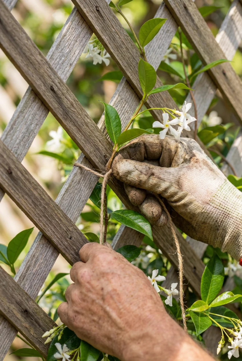 hands tying star jasmine to cedar lattice trellis