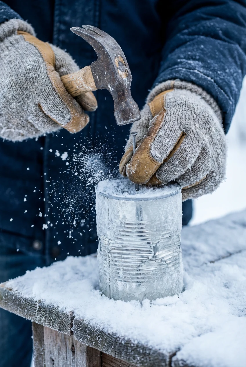 closeup of gloved hands hammering nail into frozen tin can