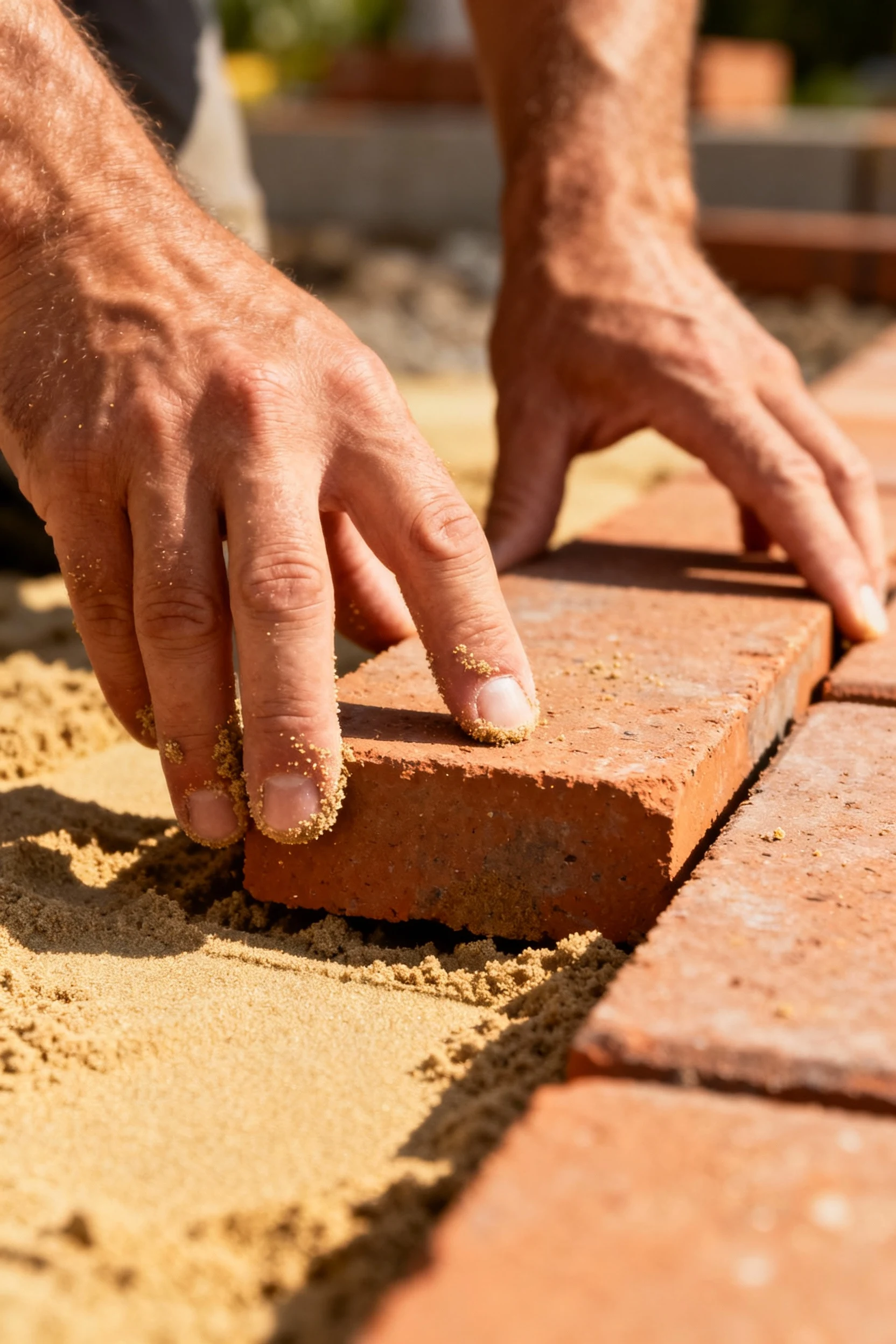 closeup of hands placing brick pavers on sand base